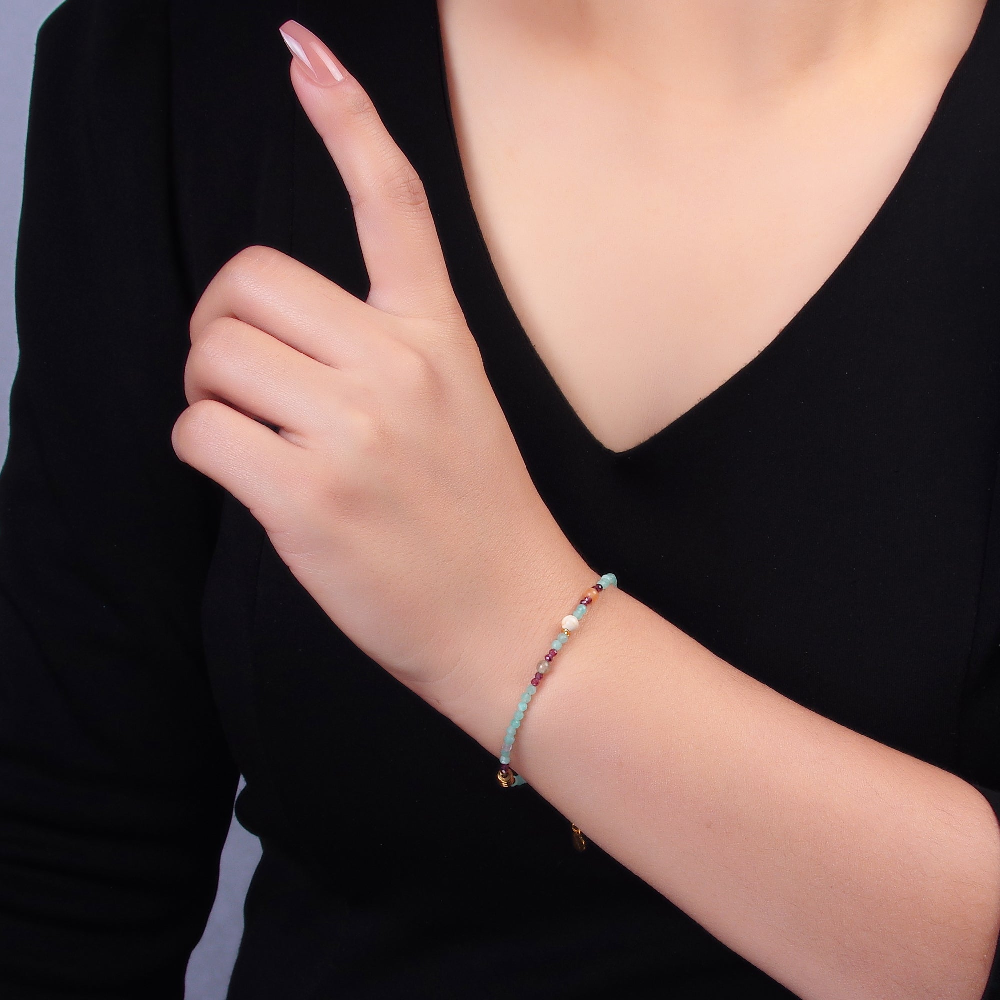 Stainless Steel Red Blue Multifaceted Crystal Gemstone 7 Inch Bracelet | WA-3133