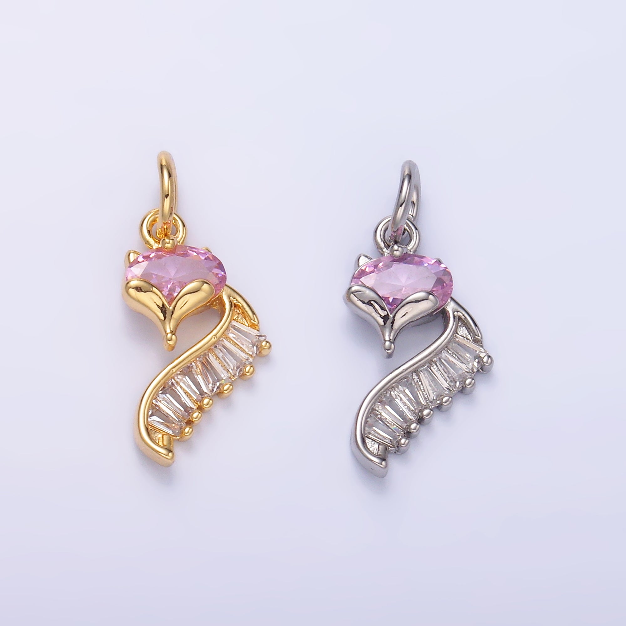 24K Gold Filled Pink Baguette CZ Fox Animal Charm in Gold & Silver | M462