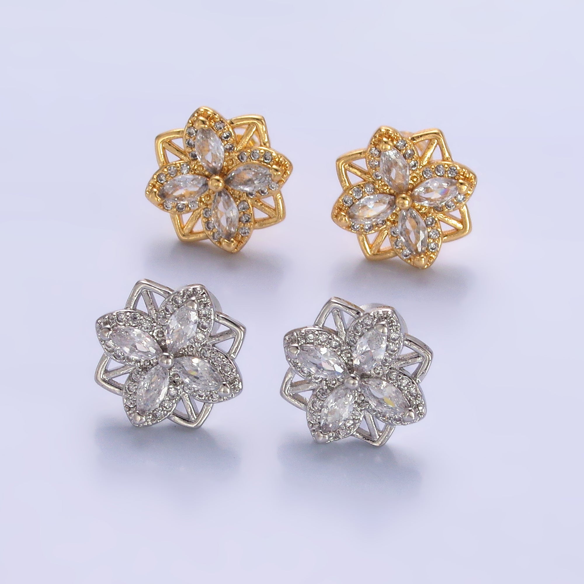 24K Gold Filled Clear CZ Geometric Flower Stud Earrings in Gold & Silver | AB690 AB691