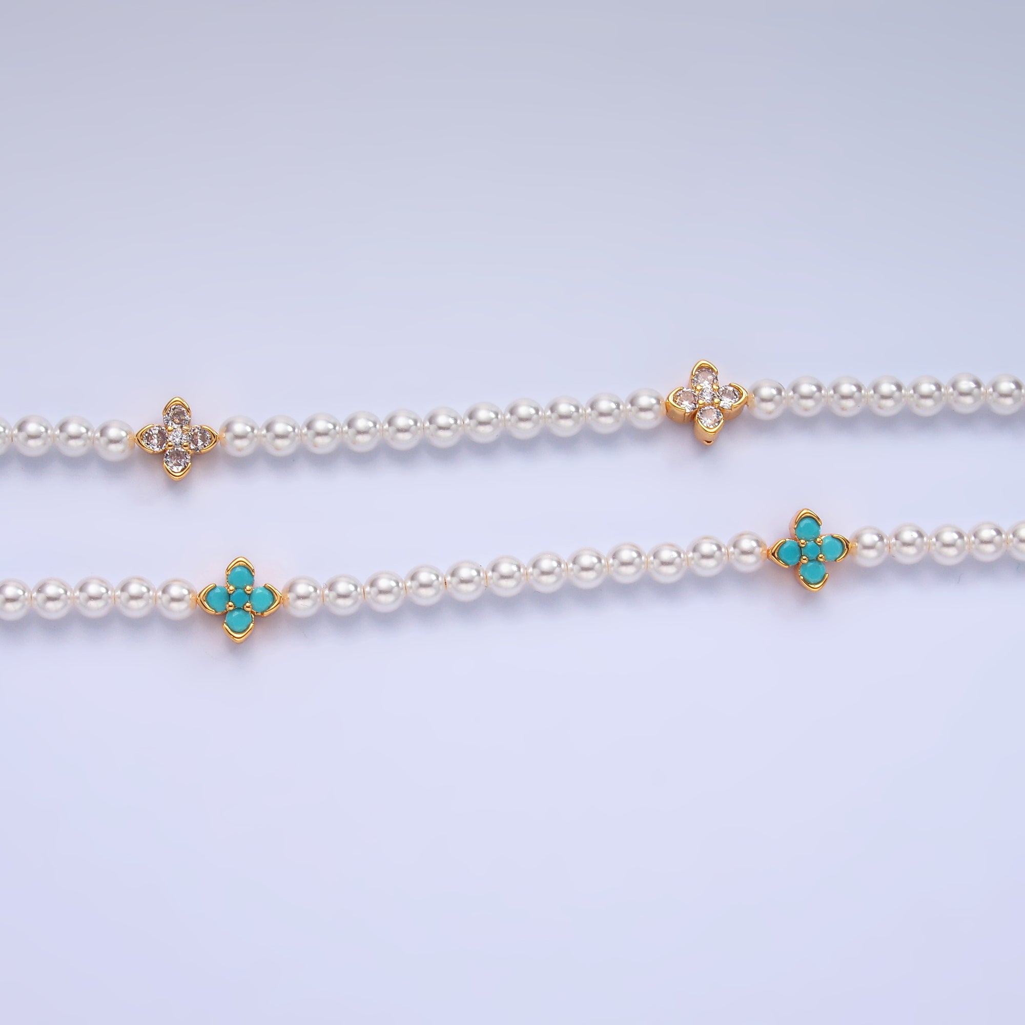 24K Gold Filled Clear, Turquoise Flower Shell Pearl 17 Inch Necklace | WA-3072 WA-3073