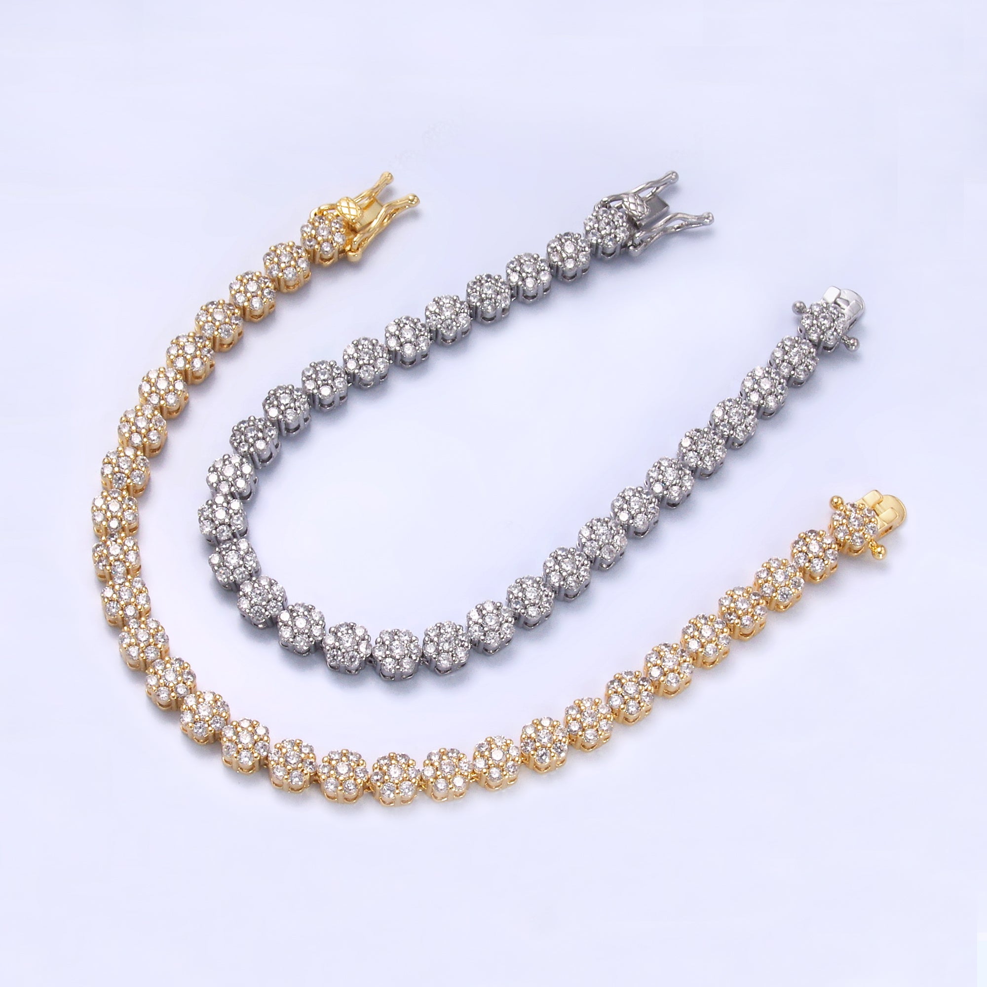 24K Gold Filled Micro Paved CZ Flower Tennis Chain Bracelet in Gold & Silver | WA-3038 WA-3039