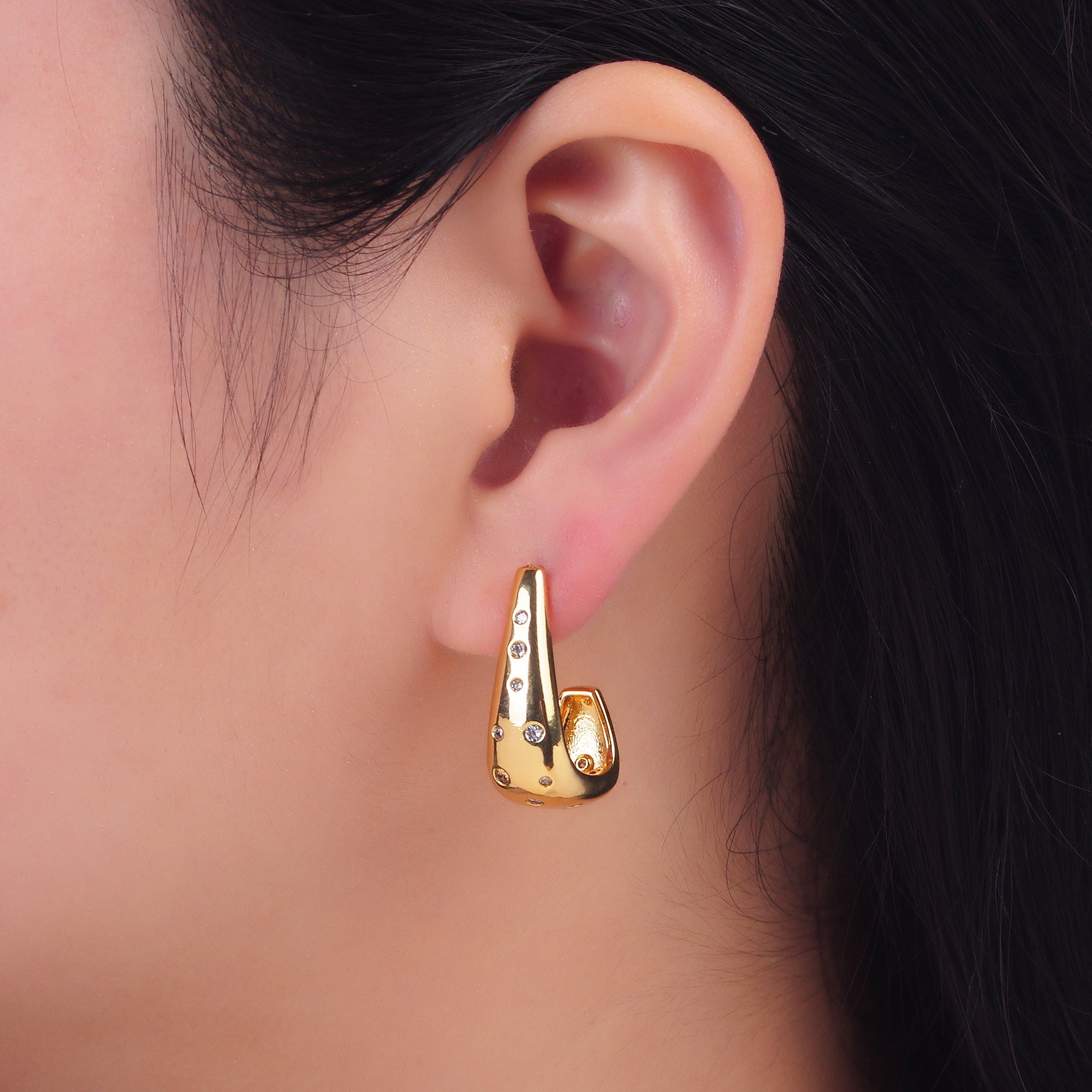 24K Gold Filled 25mm Clear CZ Dotted J-Shaped Hoop Earrings | AD200