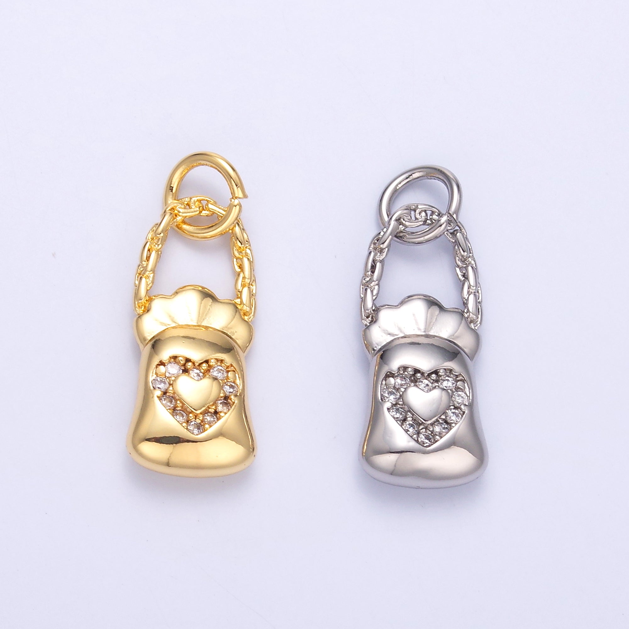 24K Gold Filled Micro Paved CZ Heart Bag Charm in Gold & Silver | C043