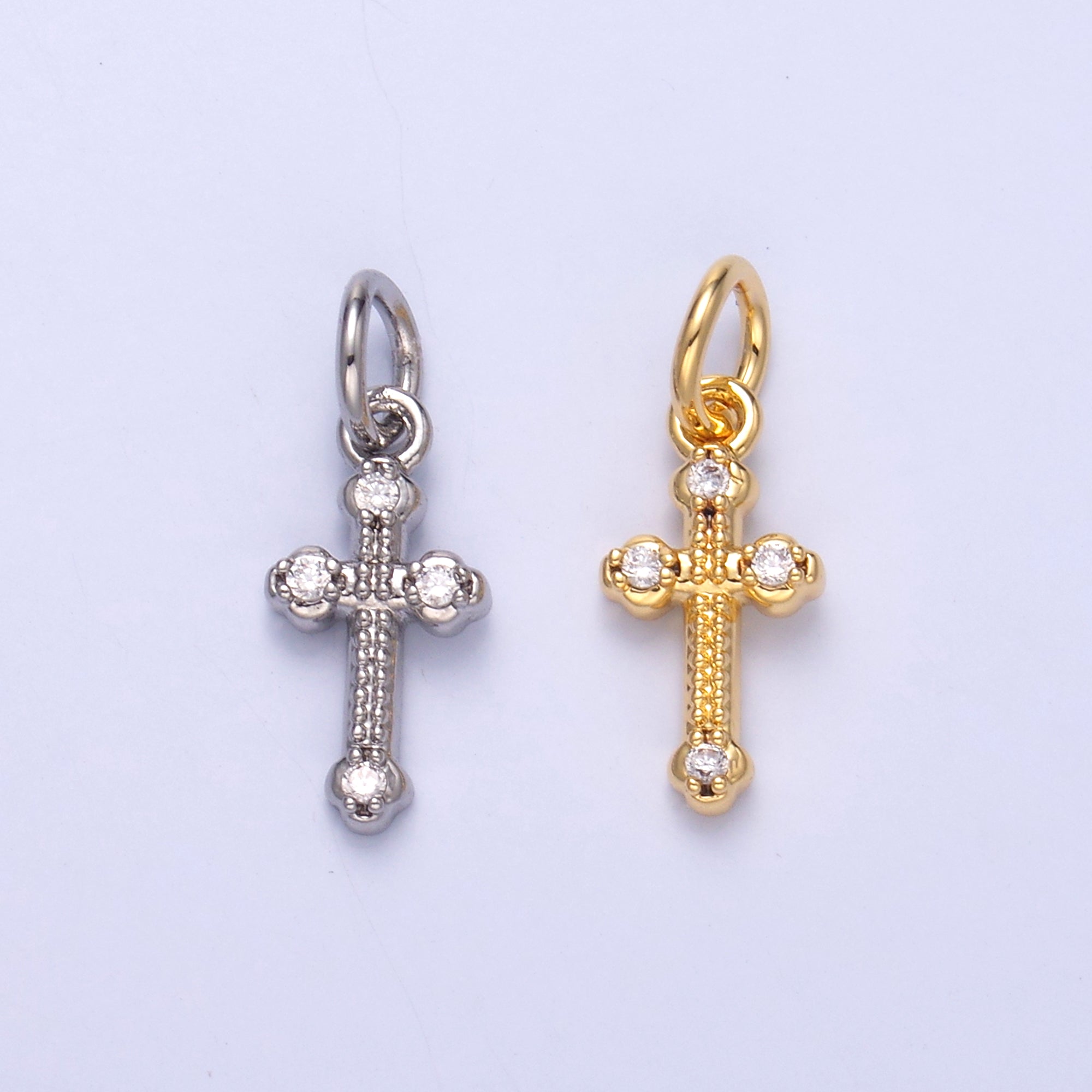 24K Gold Filled CZ Dotted Religious Cross Charm in Gold & Silver | N007