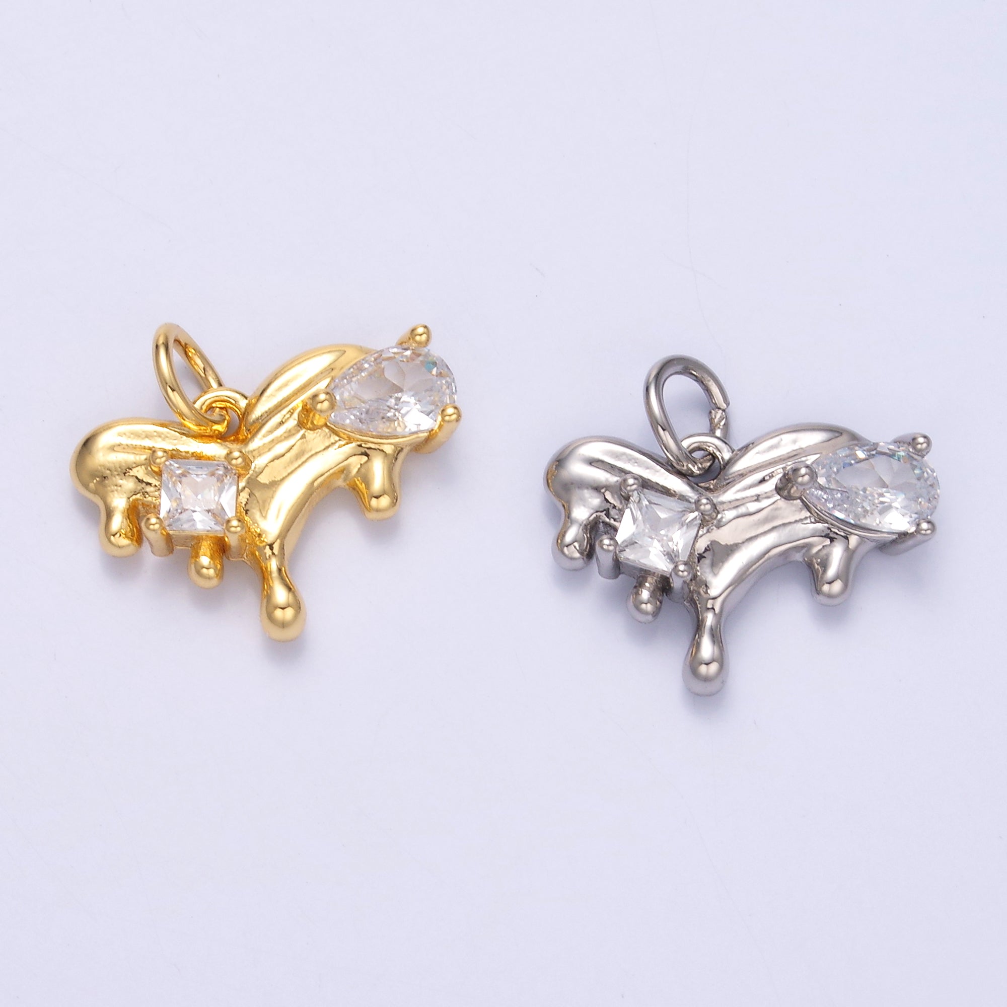 24K Gold Filled Clear CZ Molten Heart Charm in Gold & Silver | N020