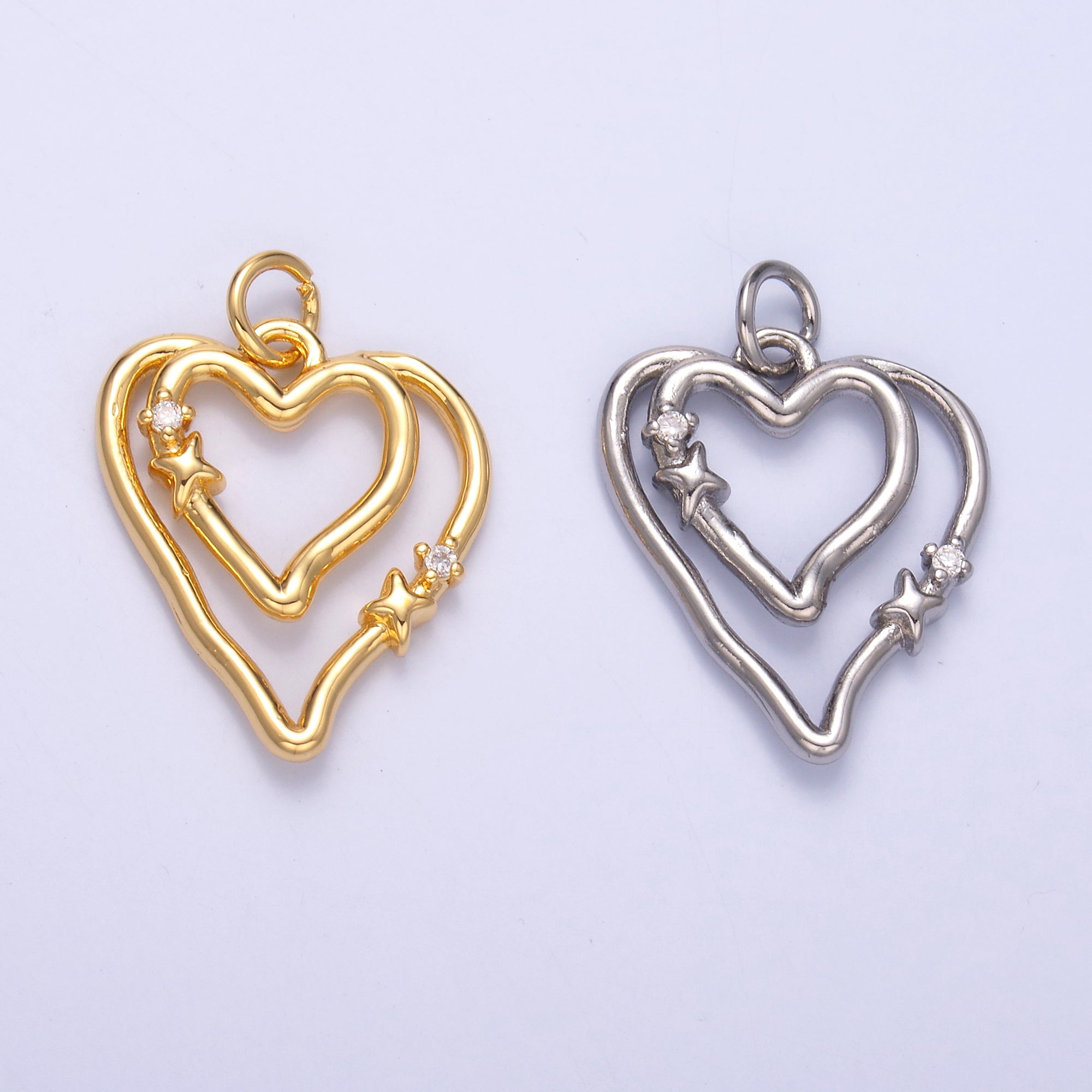 24K Gold Filled CZ Star Heart Double Band Charm in Gold & Silver | N016