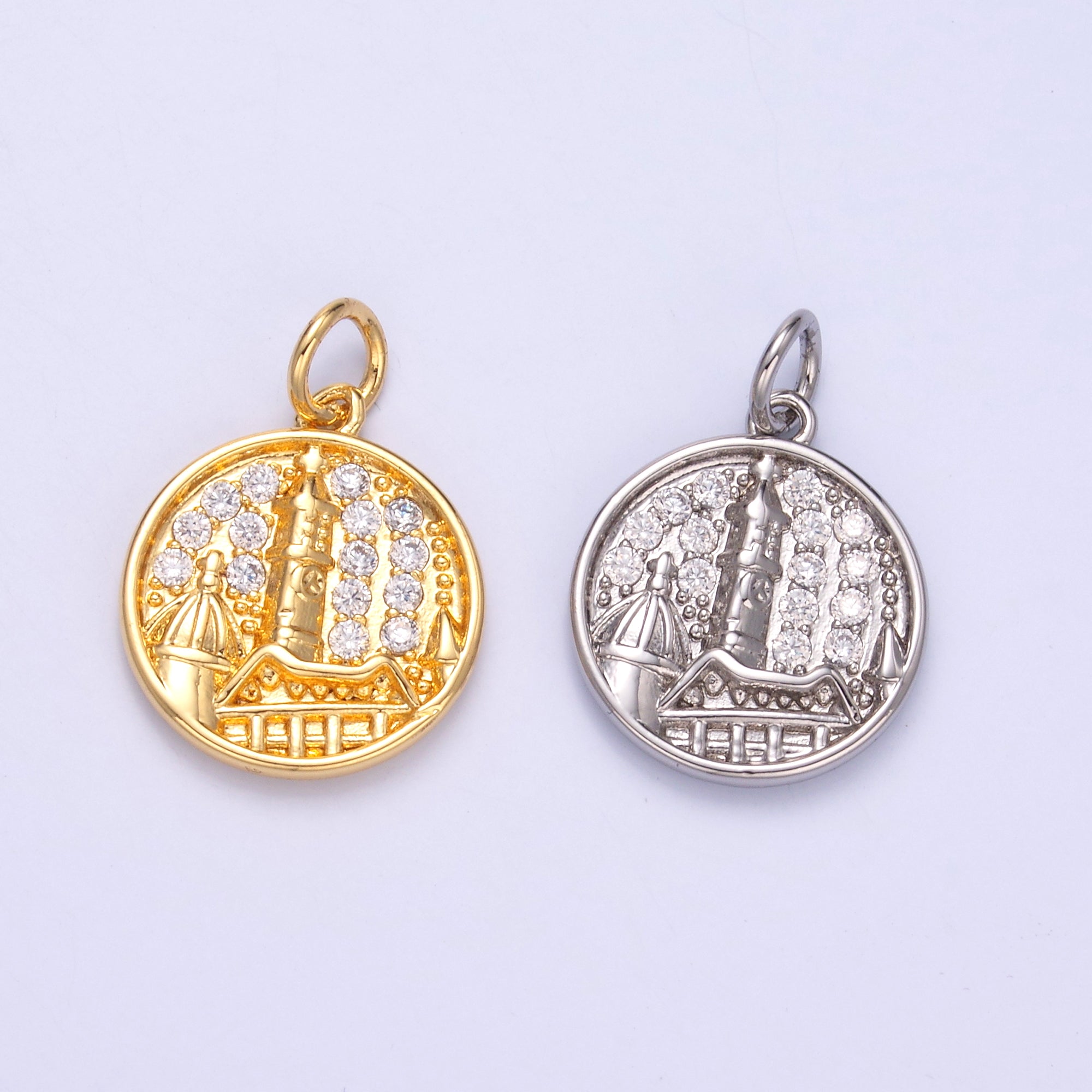 24K Gold Filled Micro Paved CZ Town City Round Charm in Gold & Silver | C049