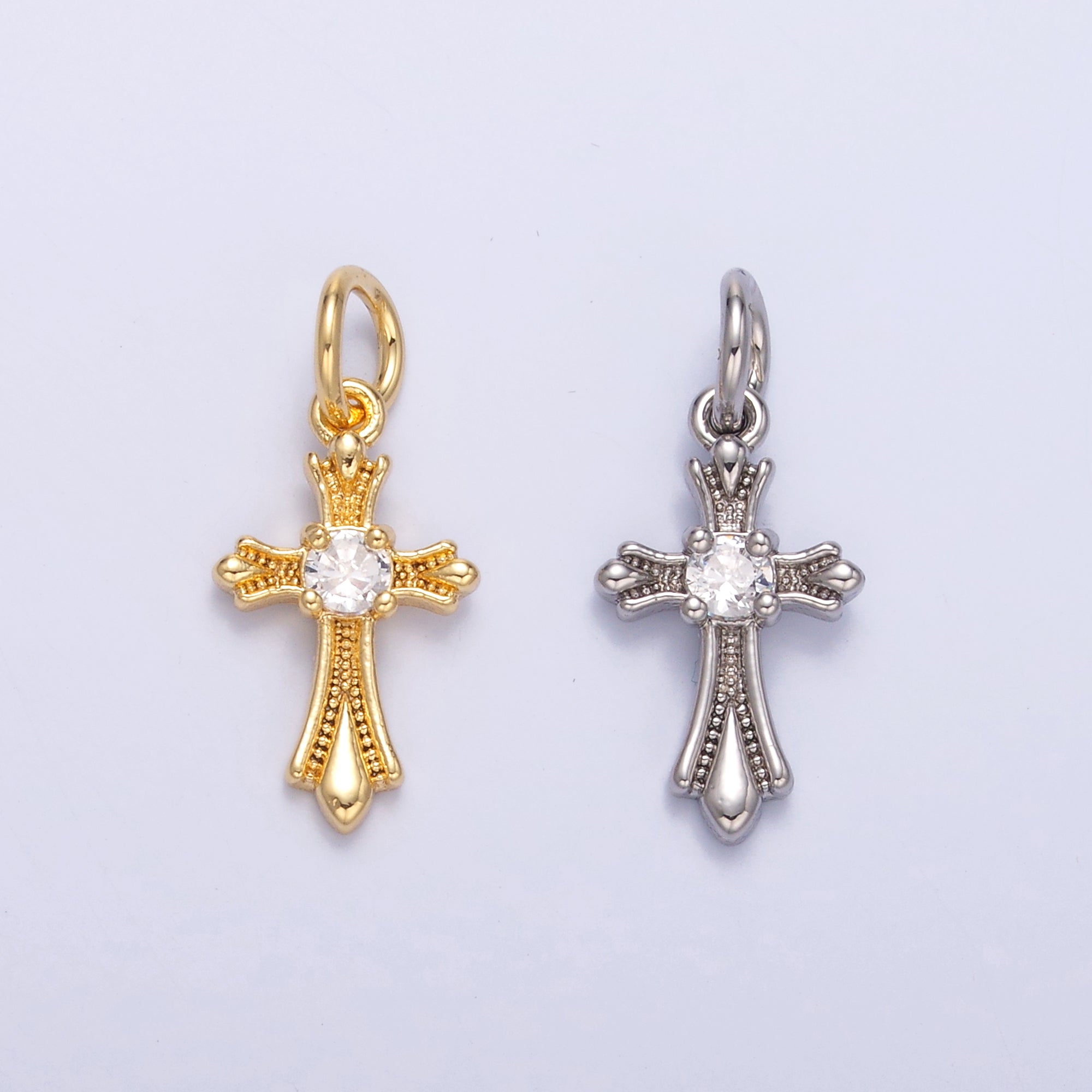 24K Gold Filled CZ Fleur Cross Religious Charm in Gold & Silver | N002