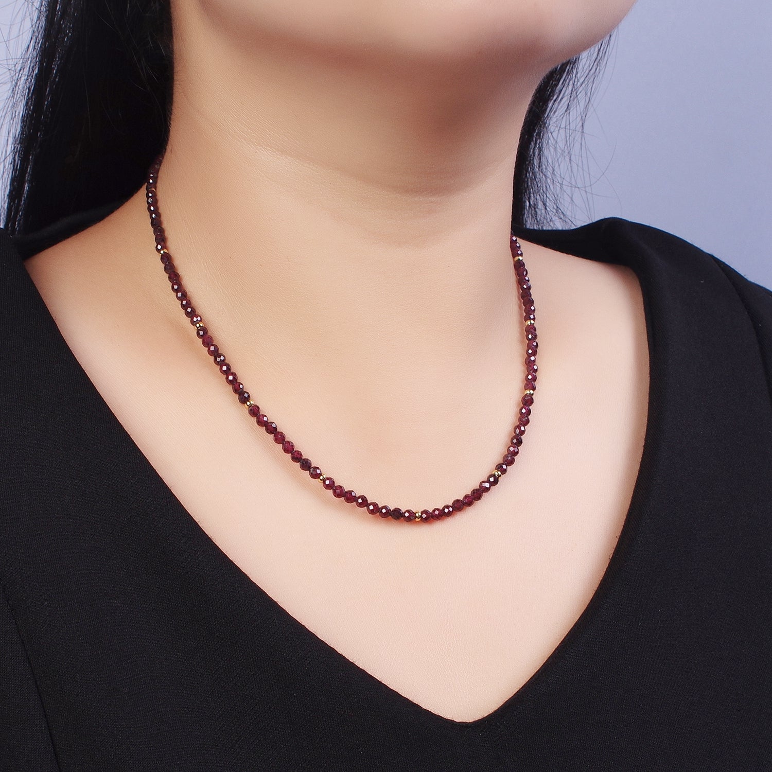 14K Gold Filled 3.5mm Red Garnet Gemstone Bead 16 Inch Choker Necklace | WA-01282