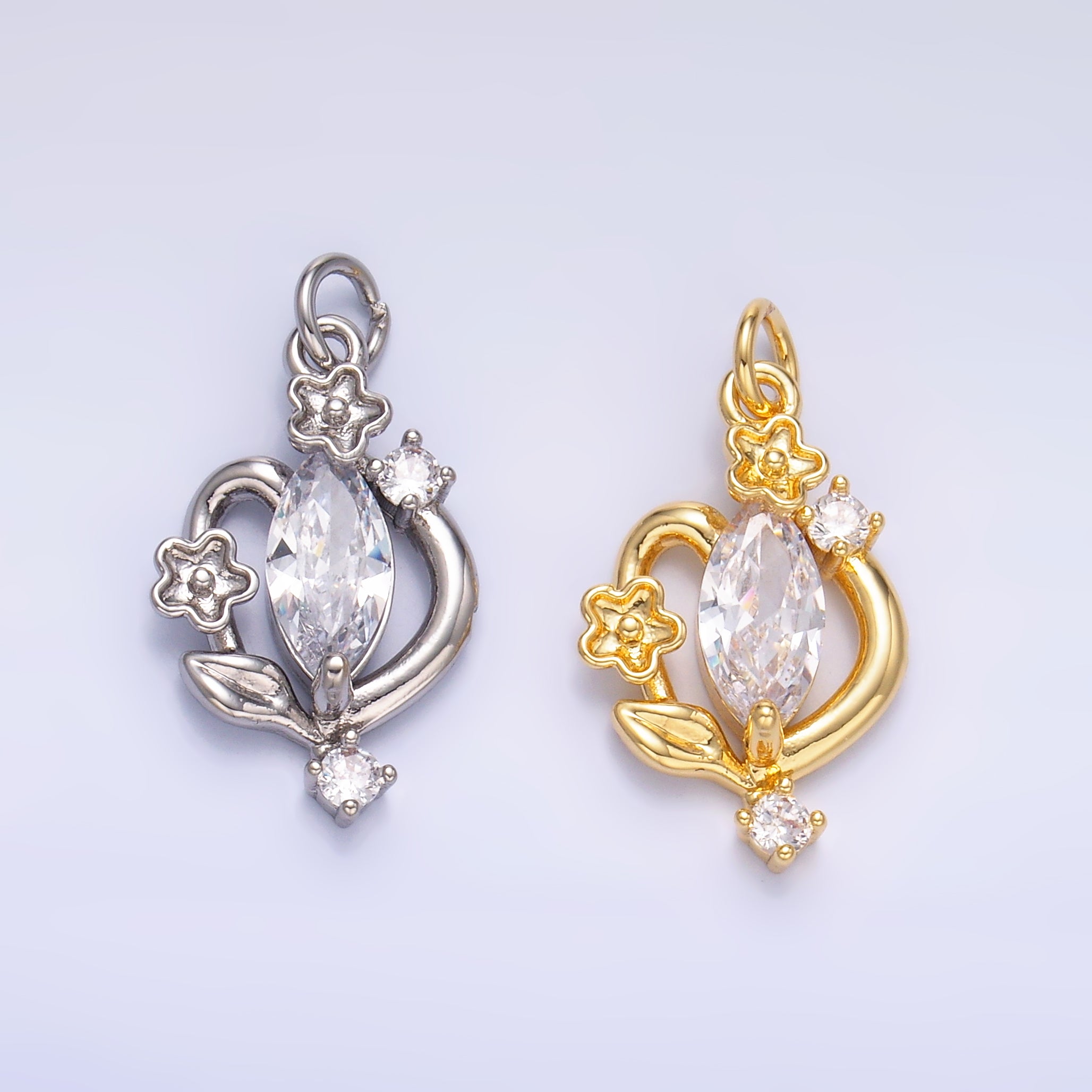 24K Gold Filled Marquise CZ Vine Flower Charm in Gold & Silver | C031