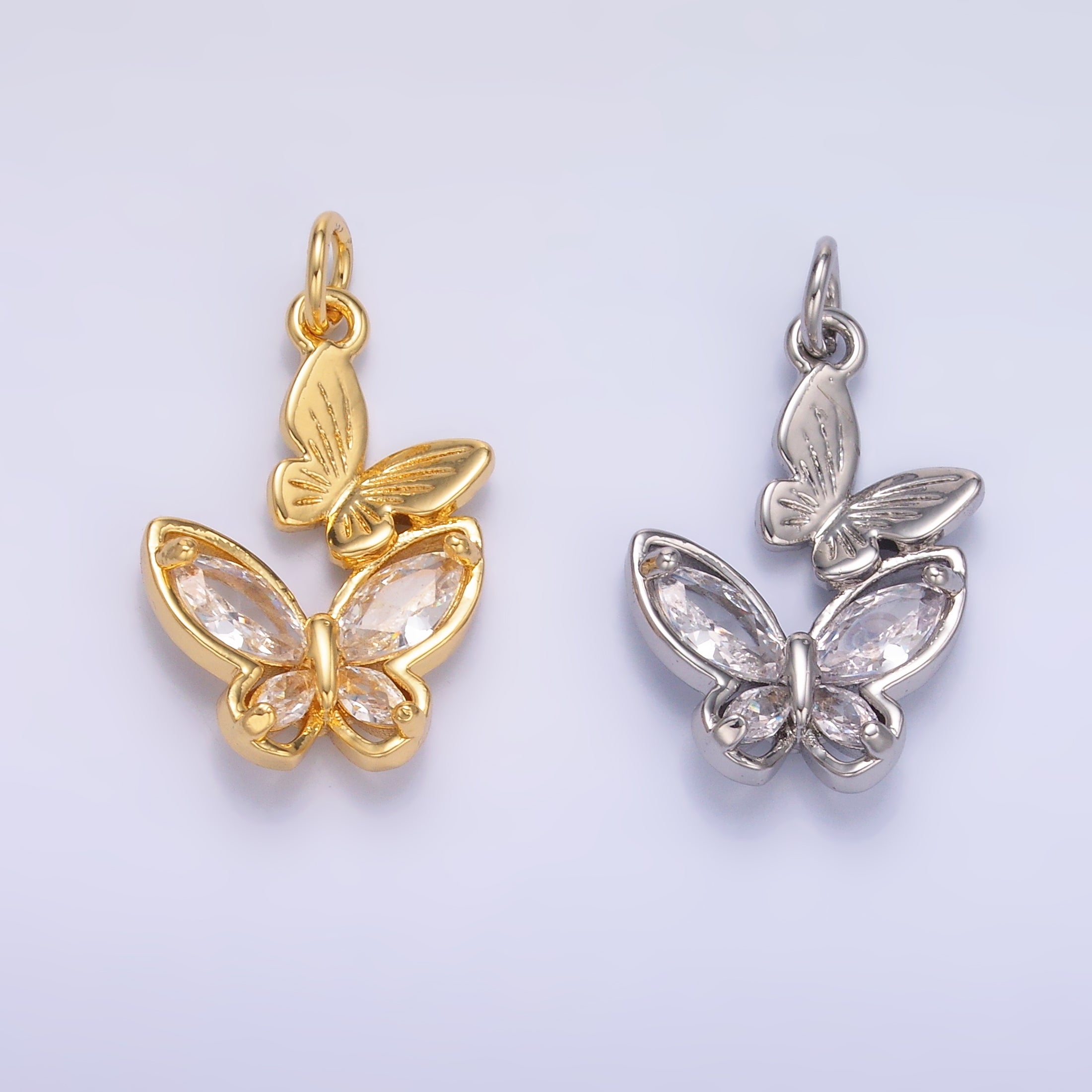 24K Gold Filled CZ Butterfly Double Charm in Gold & Silver | N075