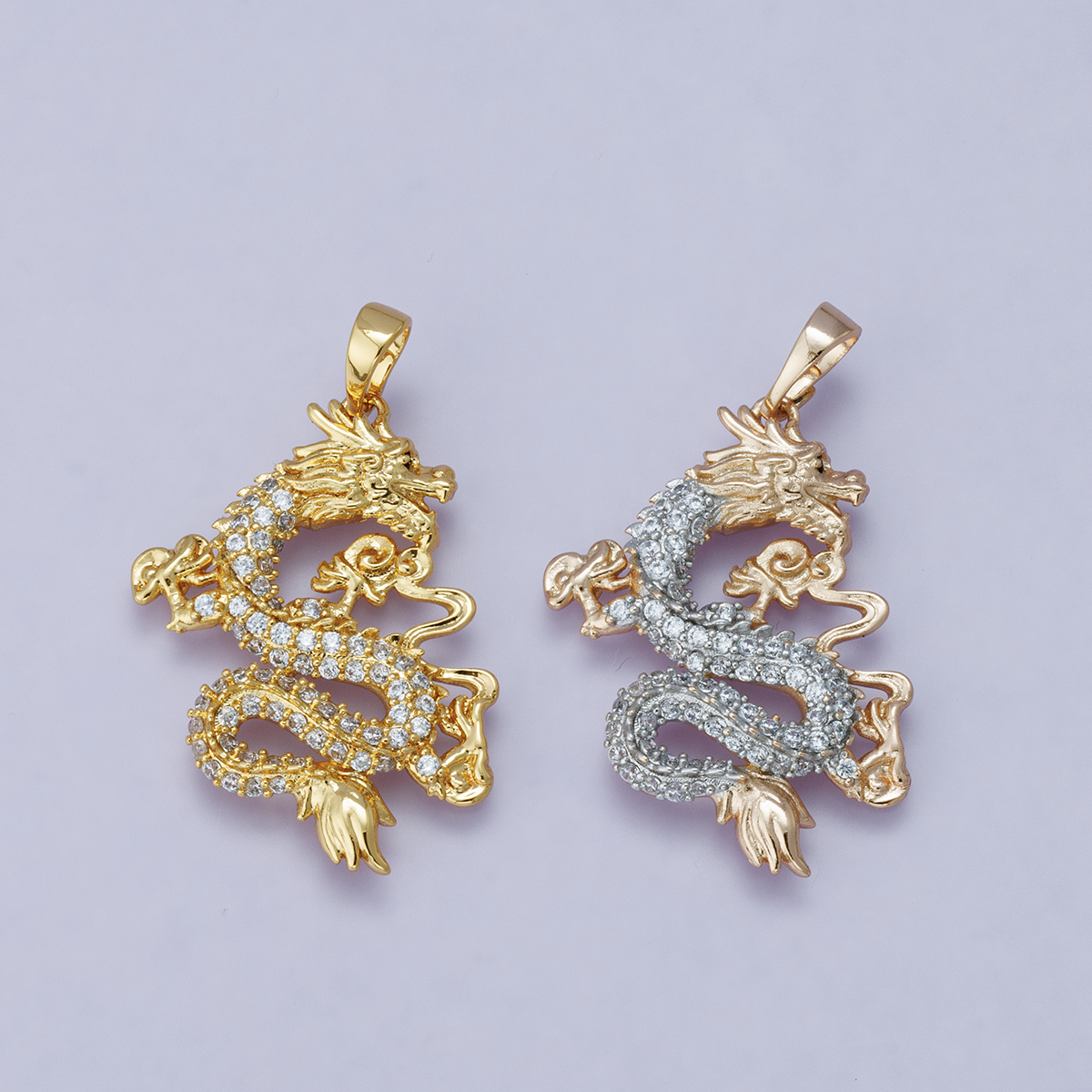 24K Gold Filled 28mm Micro Paved CZ Oriental Dragon Lucky Pendant | H00627