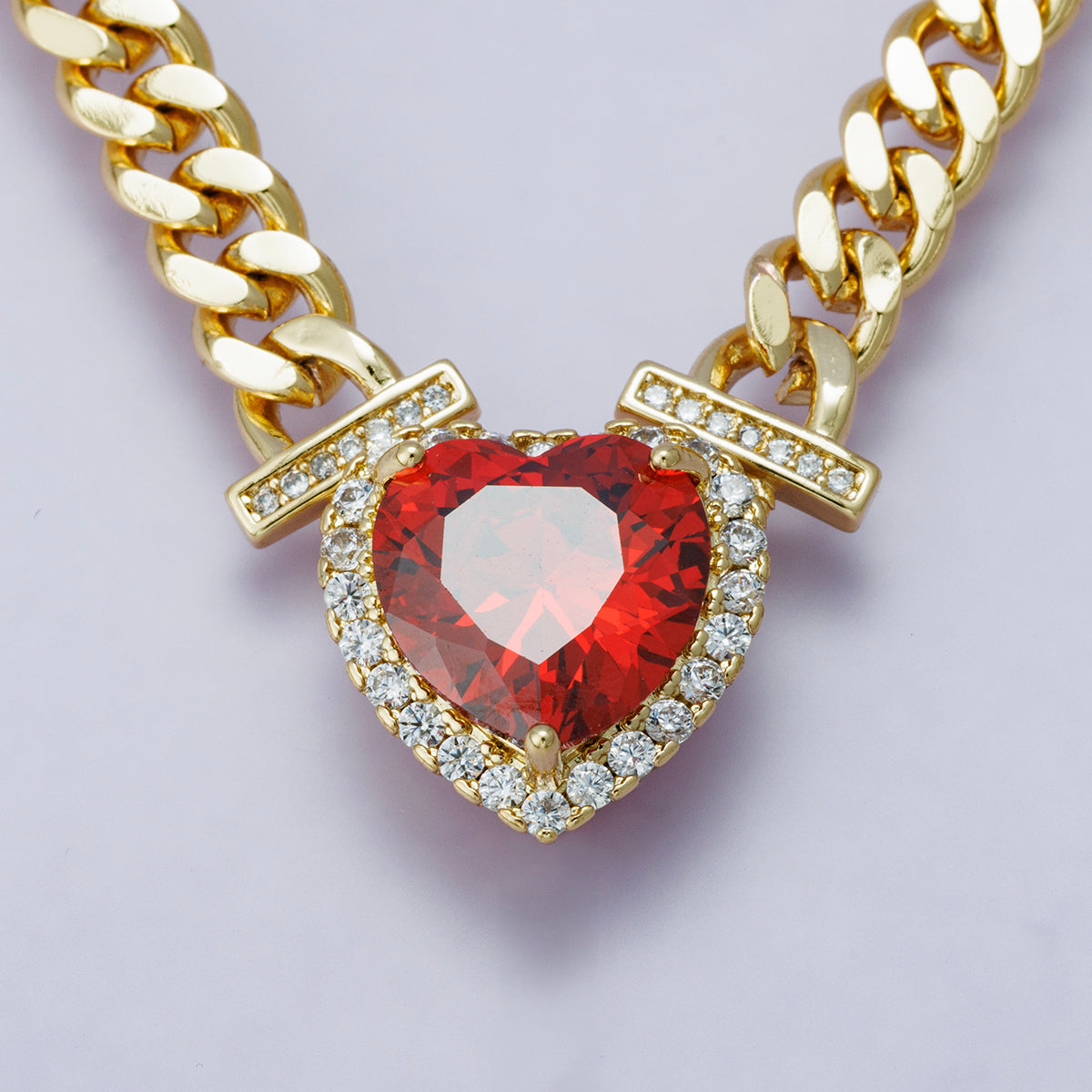 24K Gold Filled Red, Pink, Clear, Yellow, Green Heart CZ Micro Paved Curb Chain 18 Inch Necklace | WA-04190