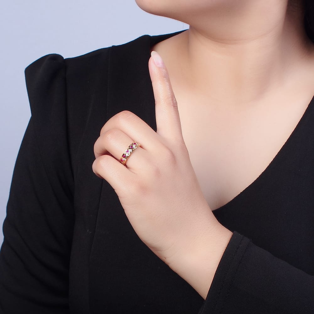 16K Gold Filled Green, Pink CZ Heart Inverted Lined Ring | O735 O736