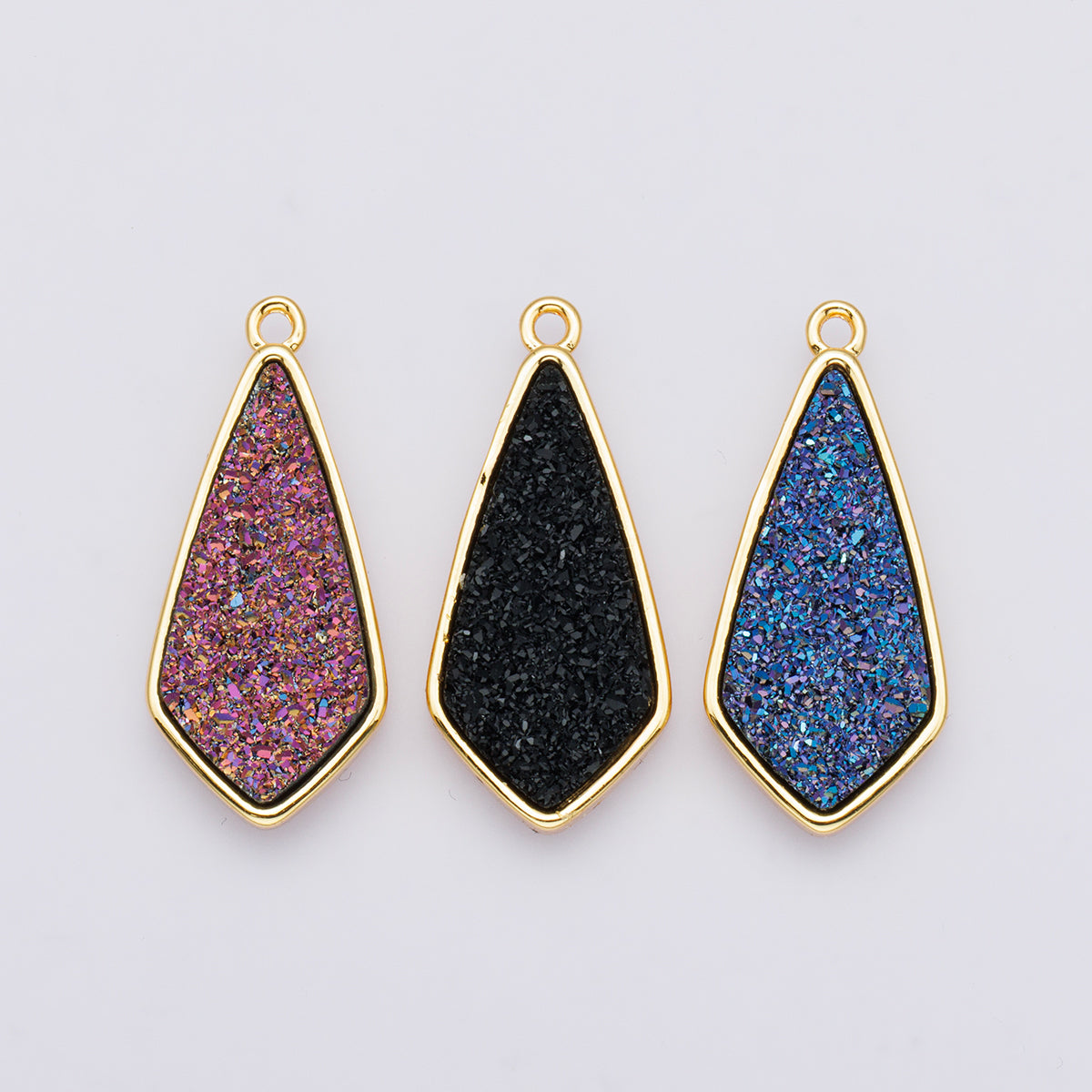 24K Gold Filled 30mm Black, Blue, Purple Glitter Druzy Rhombus Geometric Charm | E00438