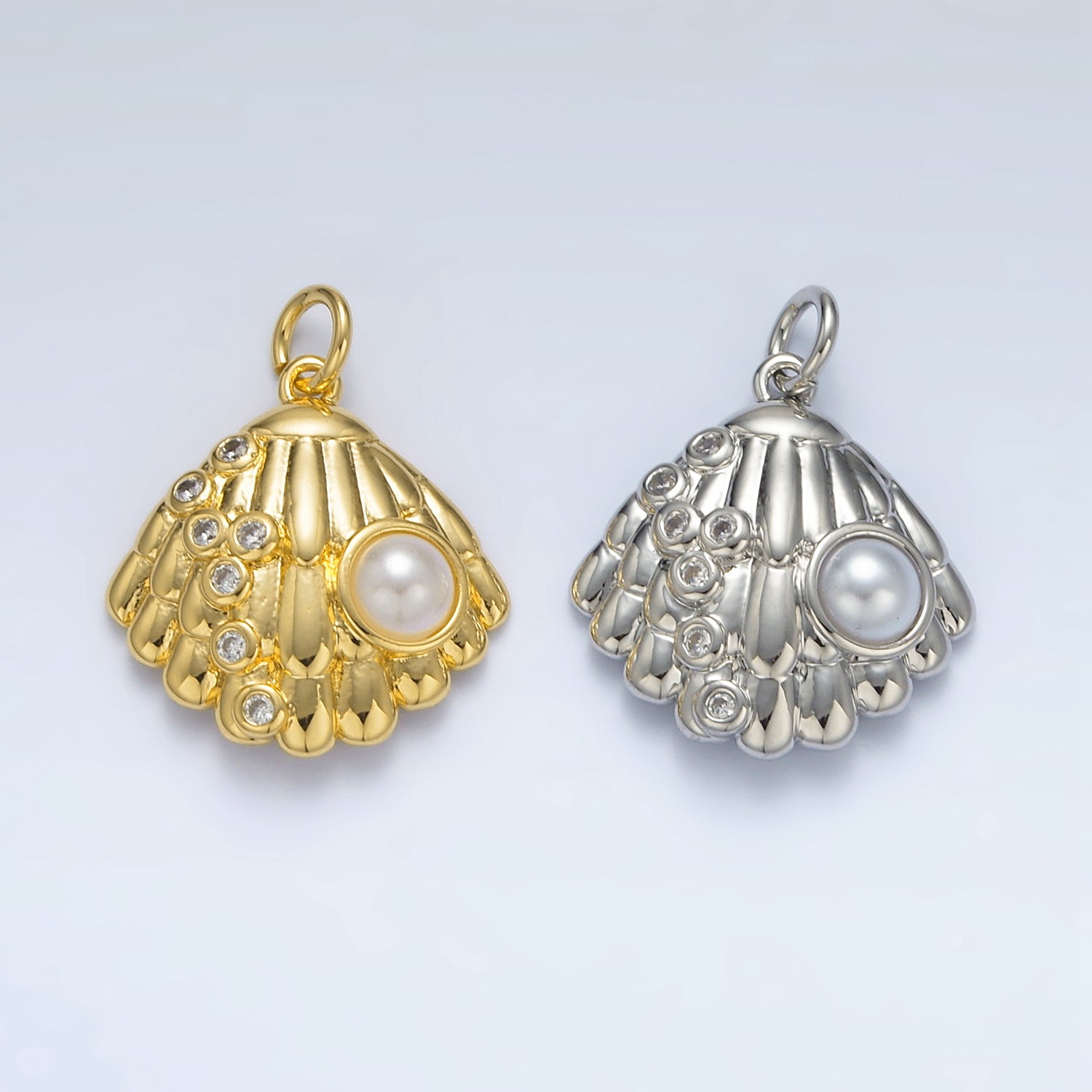 24K Gold Filled Pearl CZ Dotted Clam Sea Shell Charm in Gold & Silver | AG866