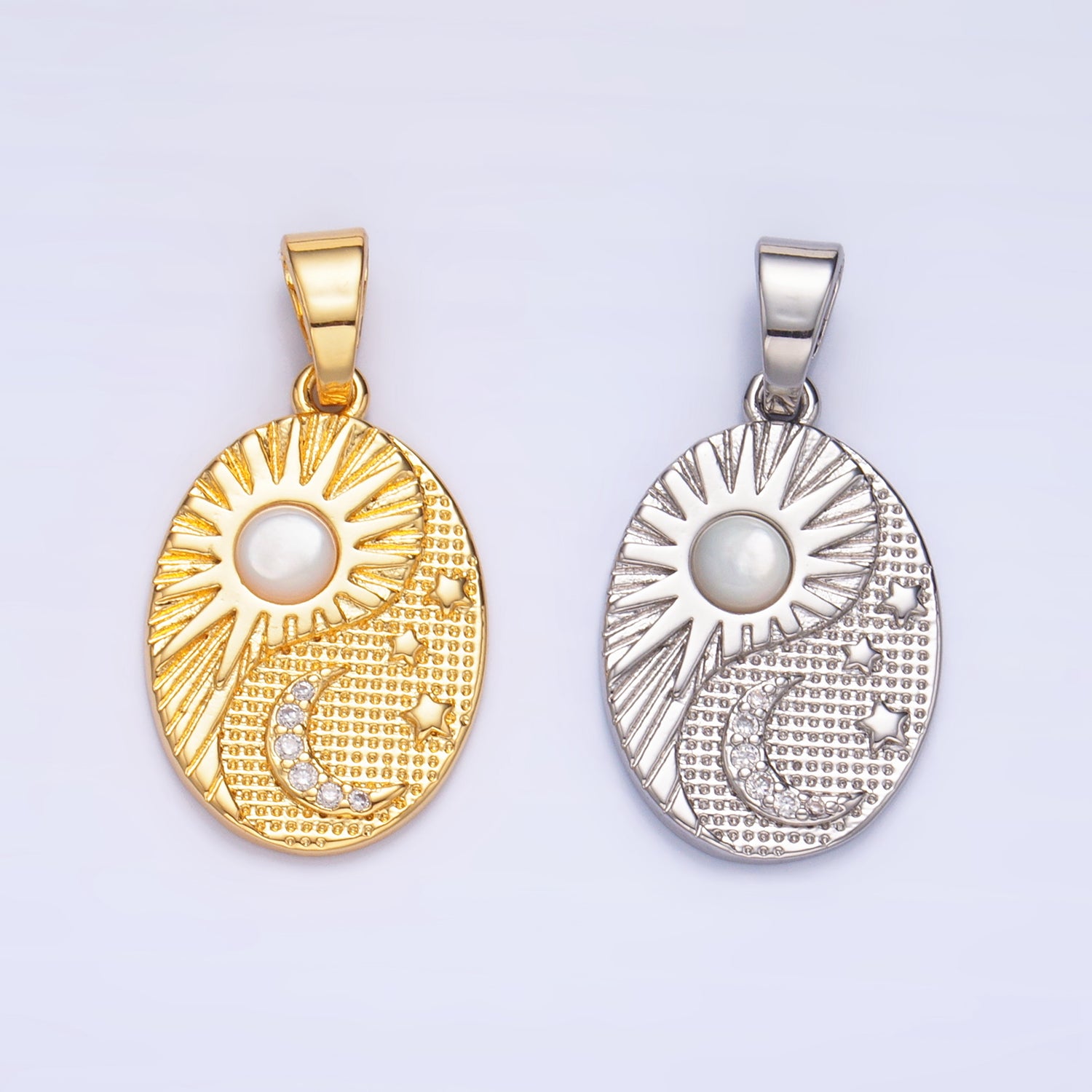 Gold oval medallion charm sun moon stars pearl day night celestial pendant, diy fashion jewelry making charm supply | aa1021