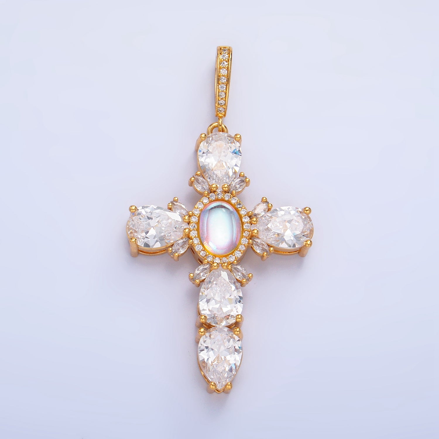 Gold Filled Statement Cross Rainbow Moonstone Pendant Big Cubic Zirconia Cross pendant- Vintage Silver cross- June birthstone J-367 J-375