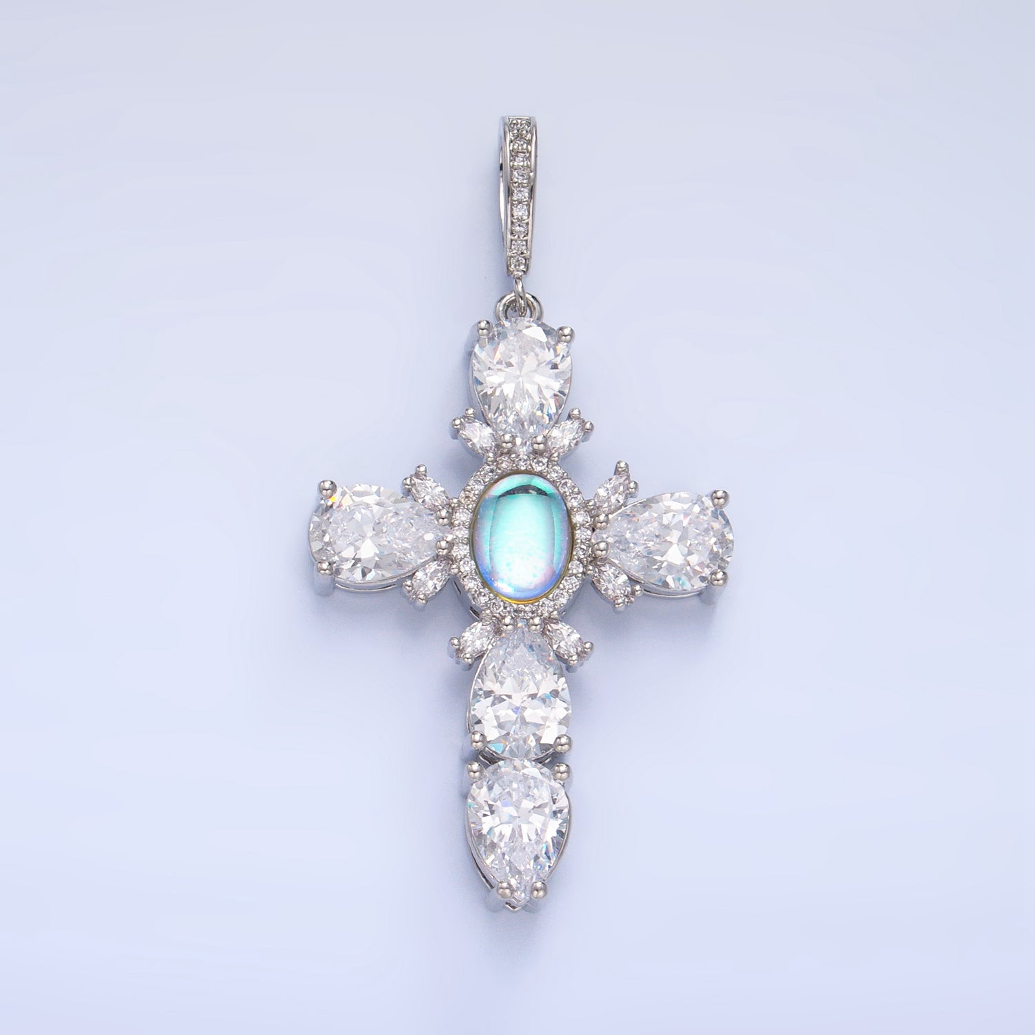 Gold Filled Statement Cross Rainbow Moonstone Pendant Big Cubic Zirconia Cross pendant- Vintage Silver cross- June birthstone J-367 J-375