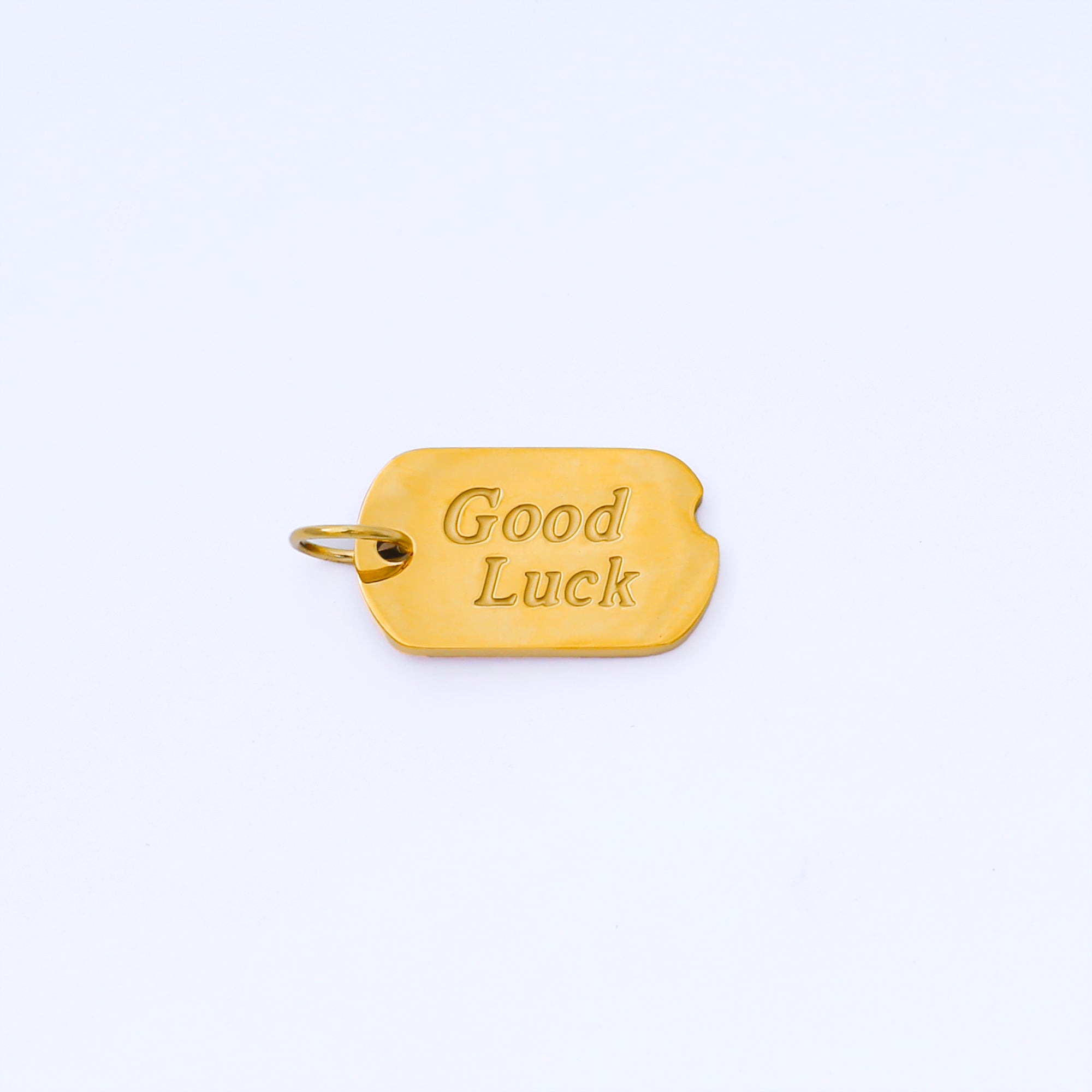 PVD Gold Stainless Steel 10mm Military Tag Good Luck Charm Words Pendant | J547