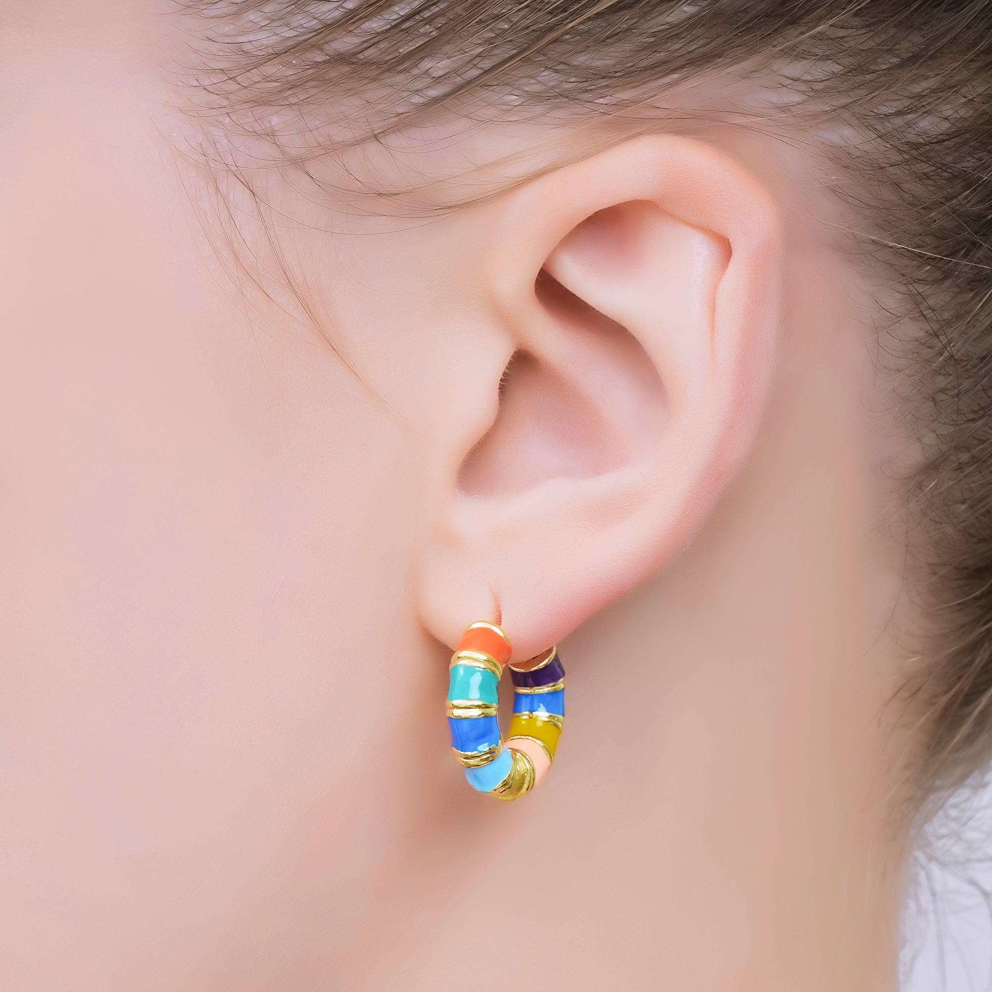 24K Gold Filled 20mm Multicolor Striped Enamel Chubby Hoop Earrings | AJ094 AJ095
