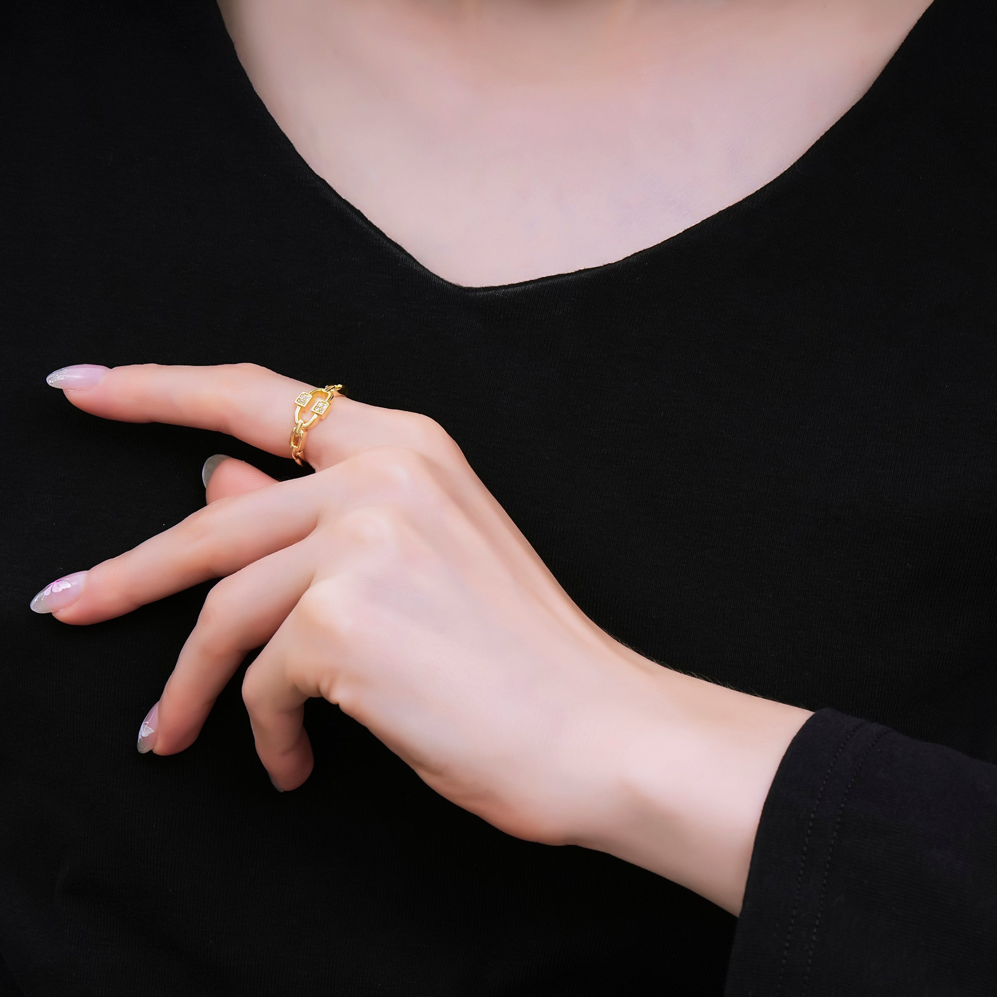 24K Gold Filled Micro Paved CZ Cable Anchor Chain Link Adjustable Ring | O1183