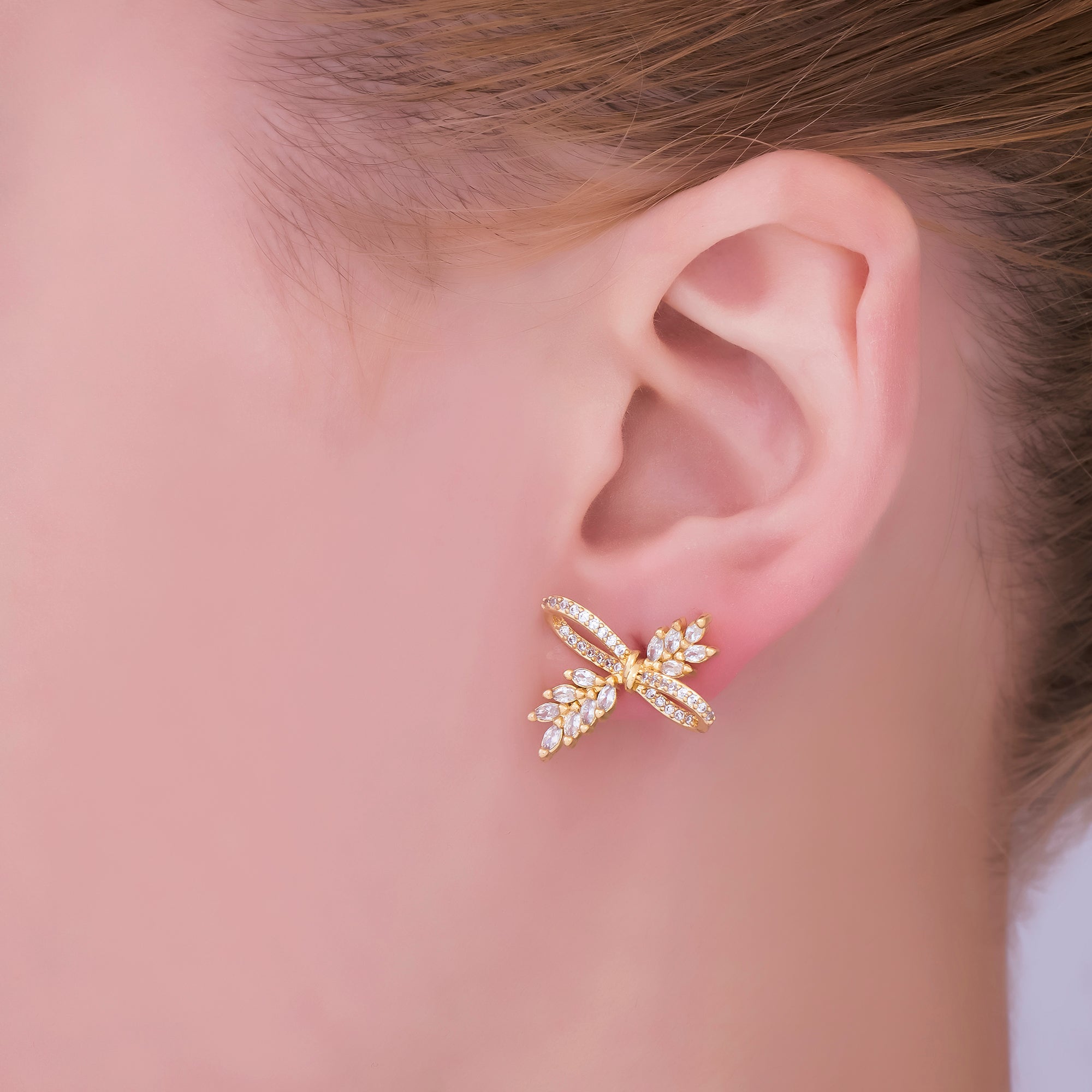 24K Gold Filled Clear Marquise Micro Paved CZ Ribbon Knot Leaf Stud Earrings | AJ104