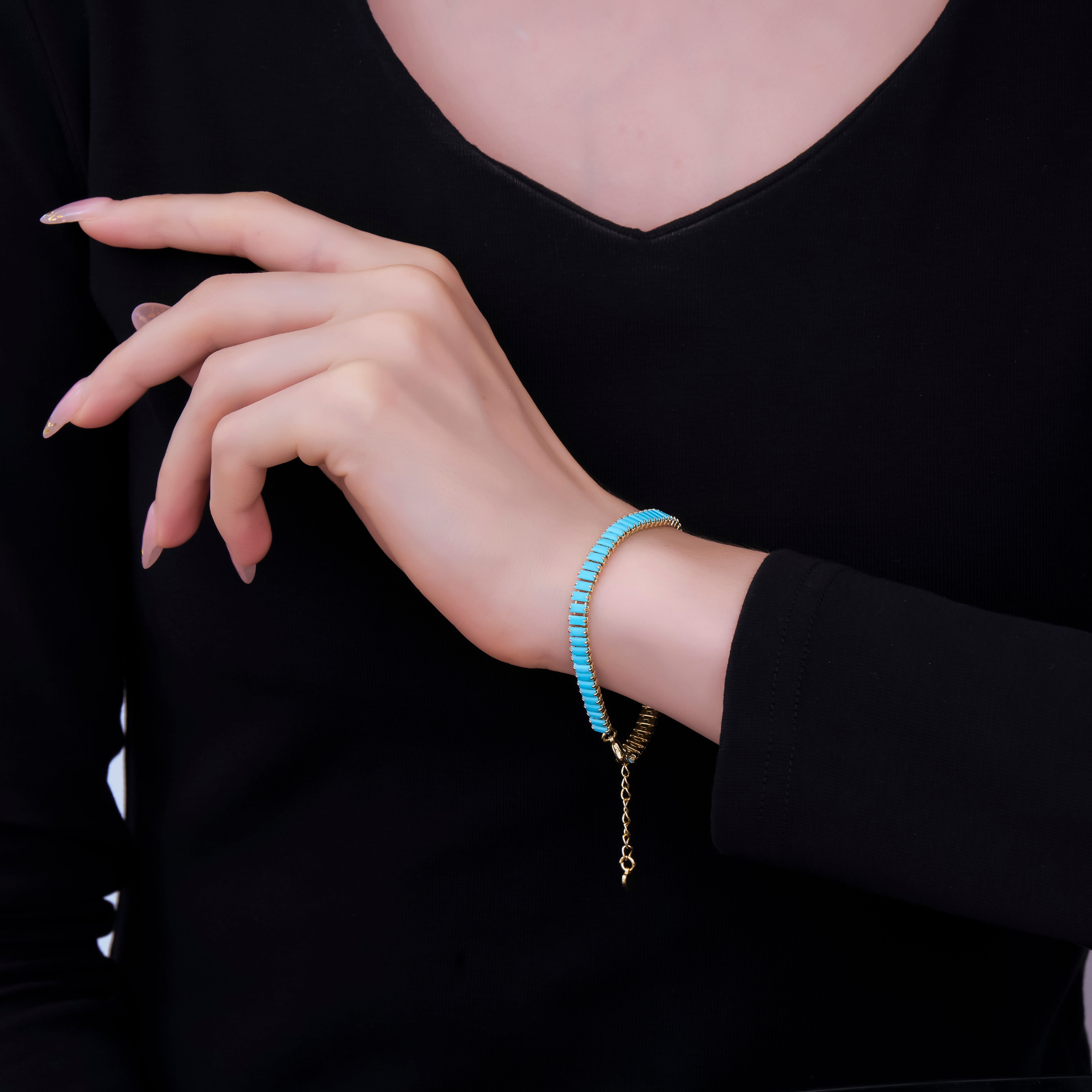 24K Gold Filled 5mm Blue Turquoise Baguette 7 Inches Tennis Chain Bracelet | WA-1606