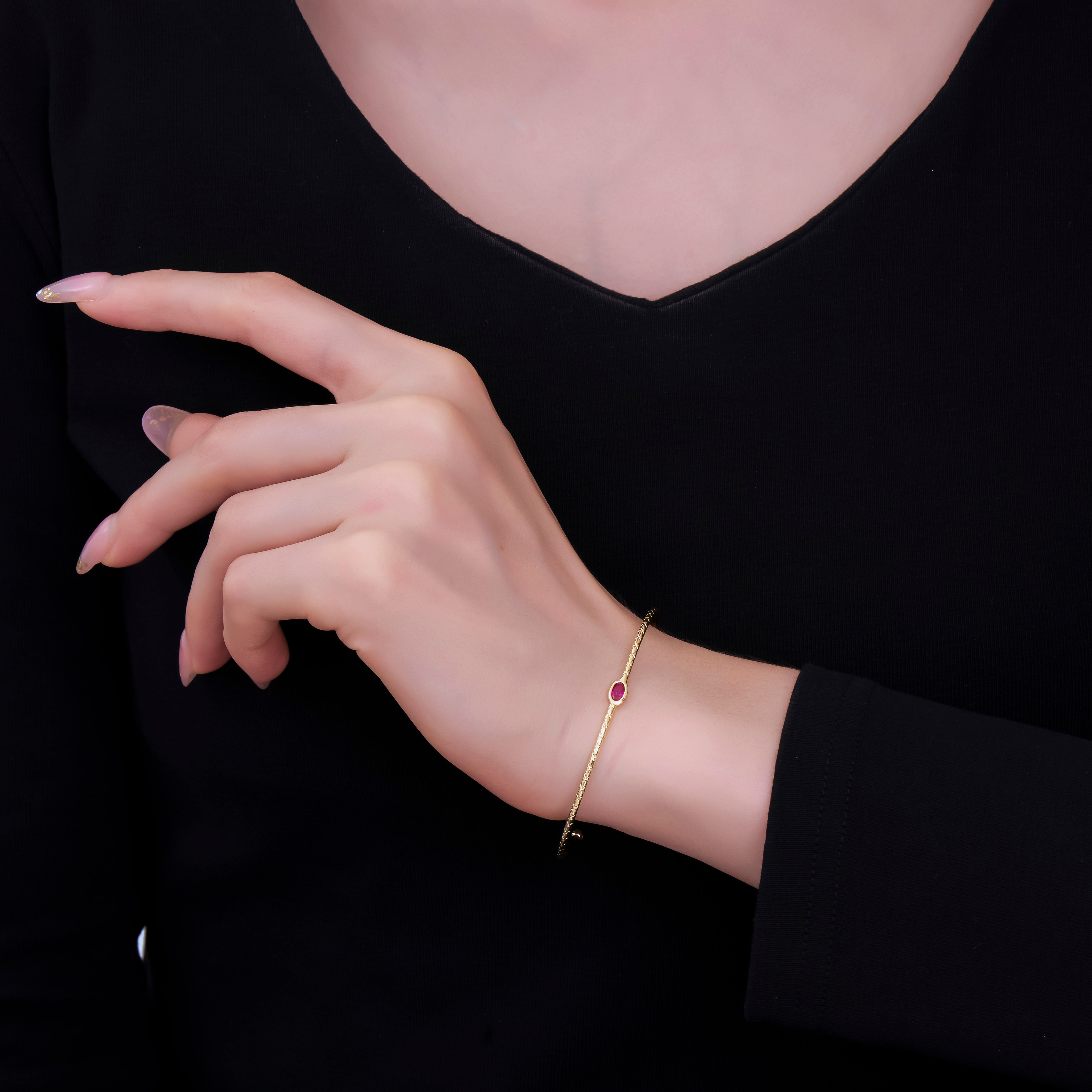 24K Gold Filled Fuchsia Oval CZ Solitaire Thin Line Textured Cuff Bracelet | WA-03321