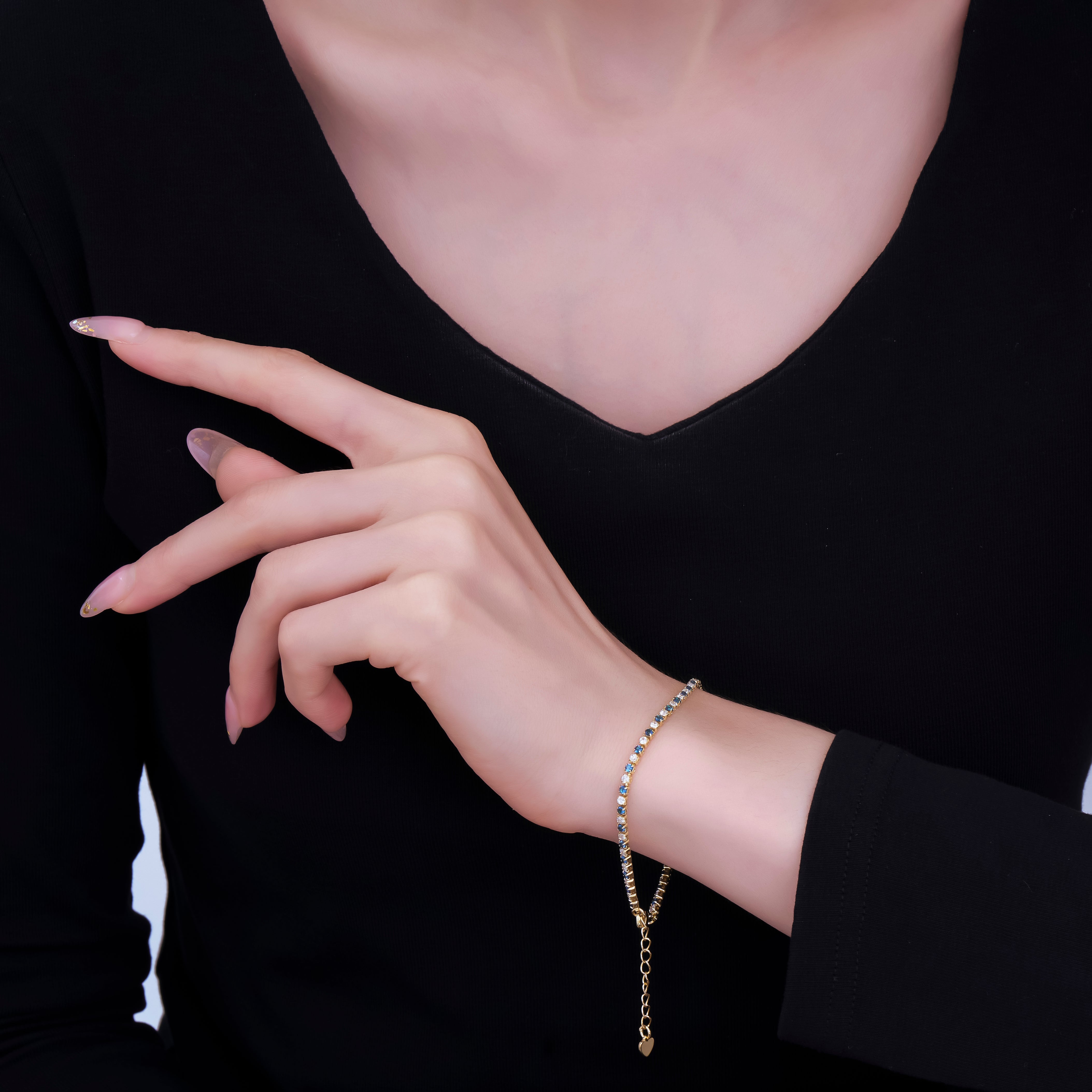 24K Gold Filled Blue Clear CZ Tennis 6.9 inch Bracelet with Extender | WA-1596