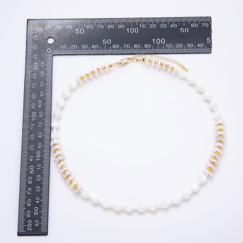 16K Gold Filled 10mm White Freshwater Pearl Gemstone Heishi Disc Bead Chain 18 Inch Necklace | WA-00997