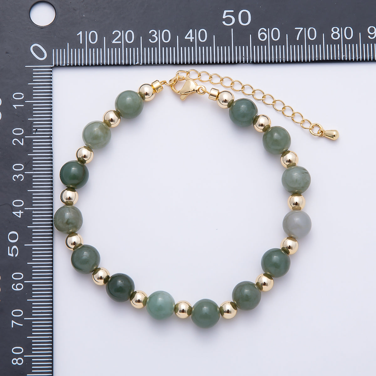 16K Gold Filled 8mm Green Aventurine Round Bead Gemstone Chain 7.5 Inch Bracelet w. Extender | WA-00213