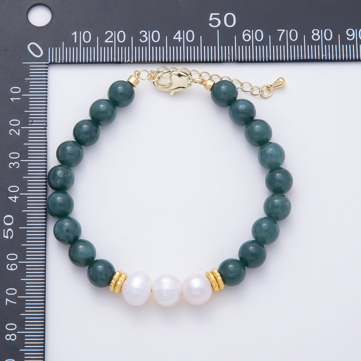 16K Gold Filled 8mm Shell Pearl Green Aventurine Bead Round Gemstone Chain 7.5 Inch Bracelet | WA-00060