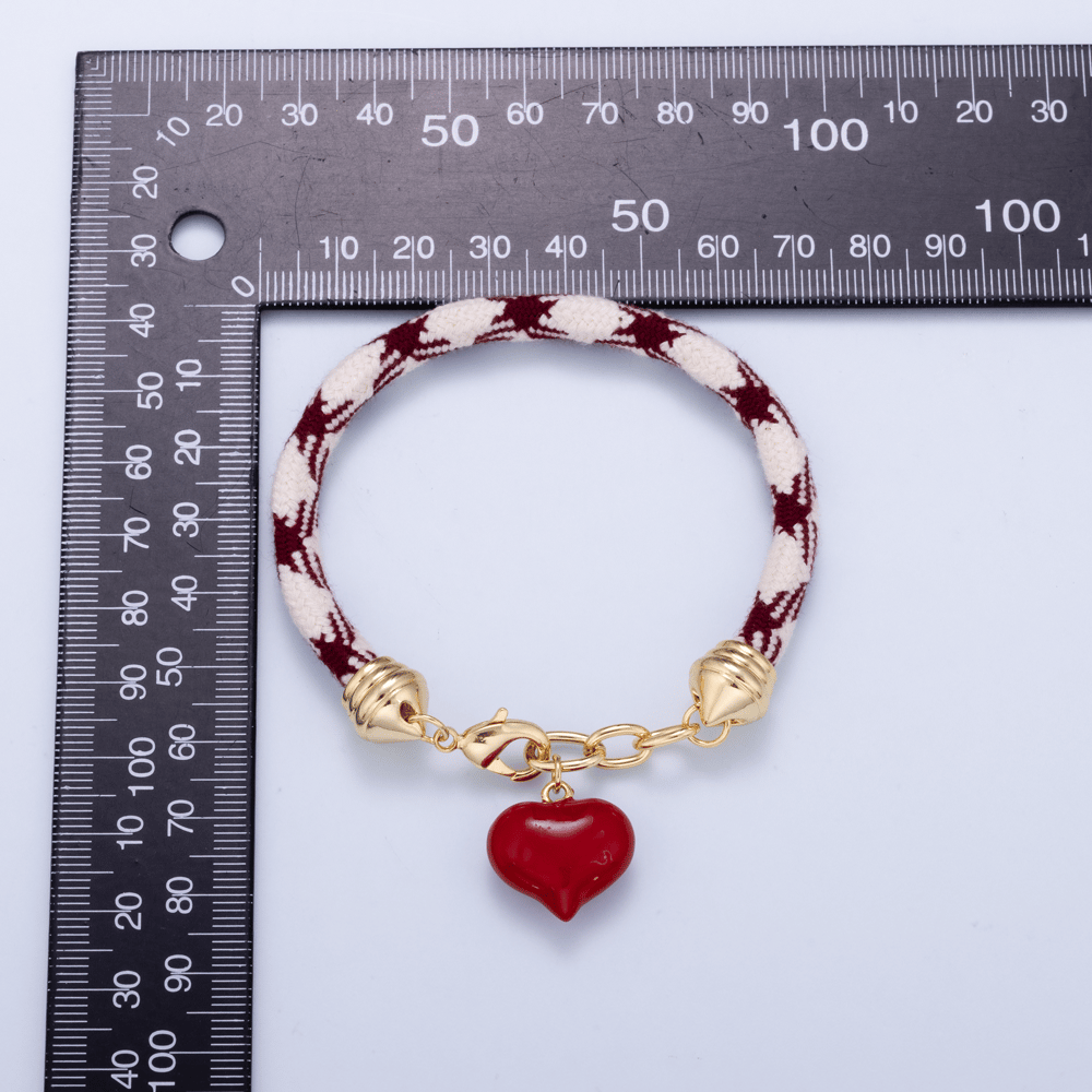 16K Gold Filled 6mm Red Heart Enamel Burgundy White Cotton Cord Paracord Chain Chain 7 Inch Bracelet | WA-02287