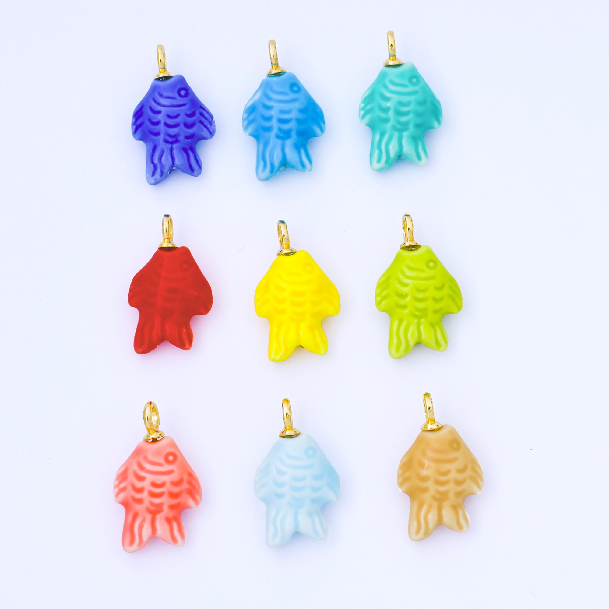 24K Gold Filled 25mm Orange, Red, Yellow, Blue, Green, Teal Fish Ceramic Porcelain Drop Charm | C960 - C963