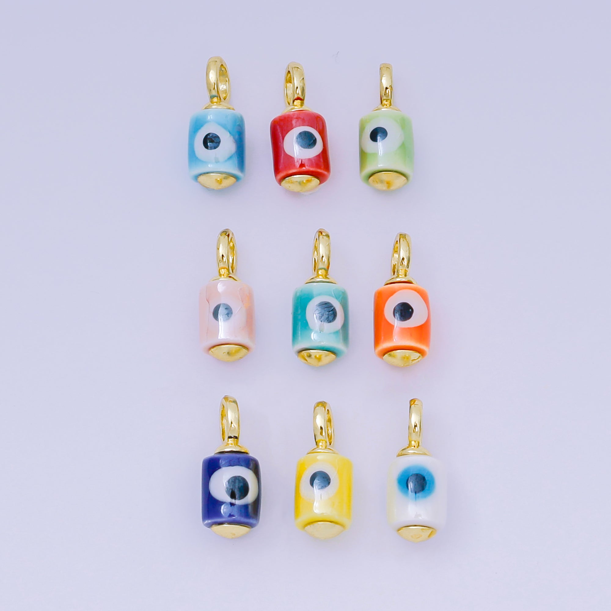 24K Gold Filled 15mm Blue, Yellow, Green, Orange, Pink, Red, Teal, White Evil Eye Tube Ceramic Porcelain Drop Charm | C943 - C947