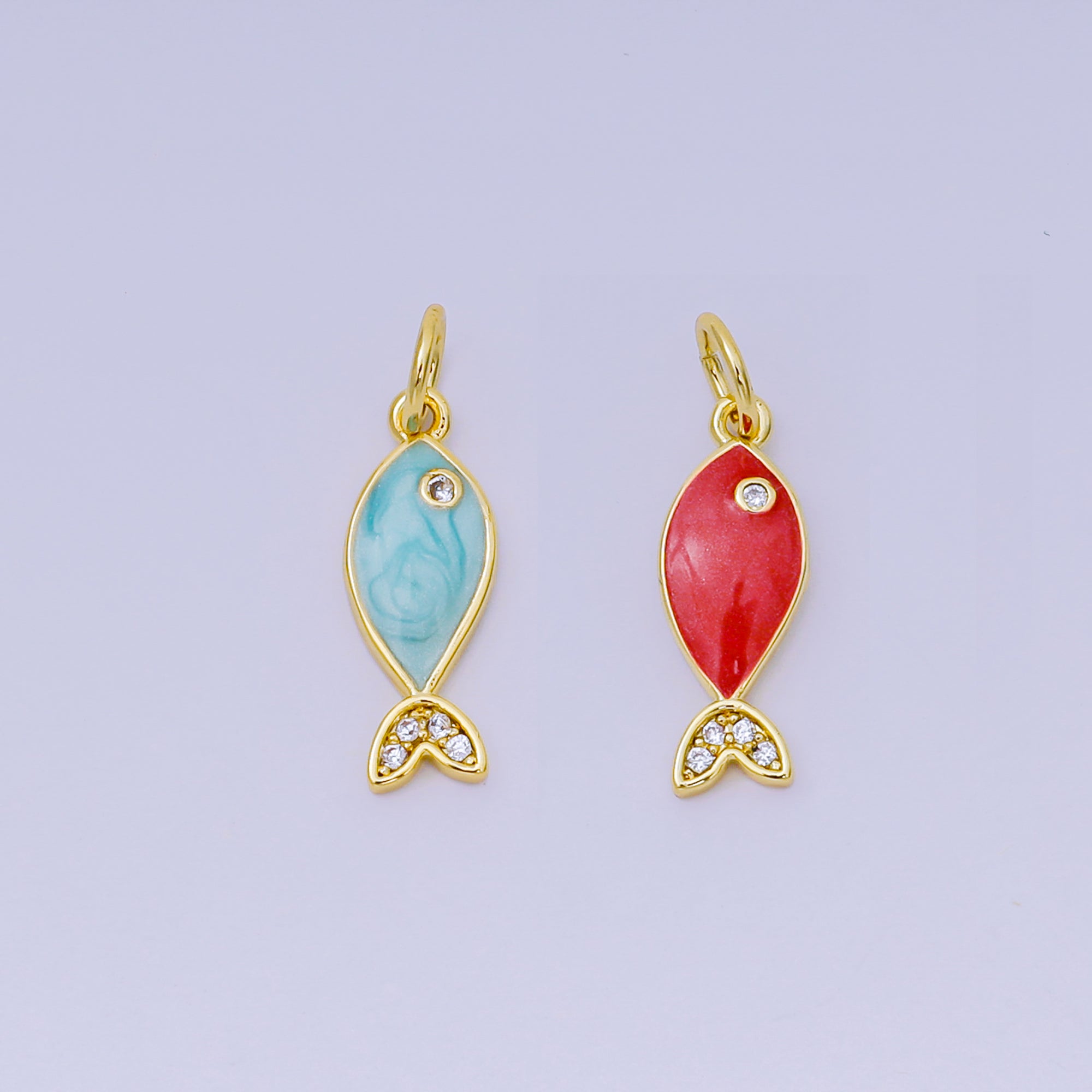 24K Gold Filled 16mm Blue, Red Enamel Micro Paved Fish Charm | AJ-550