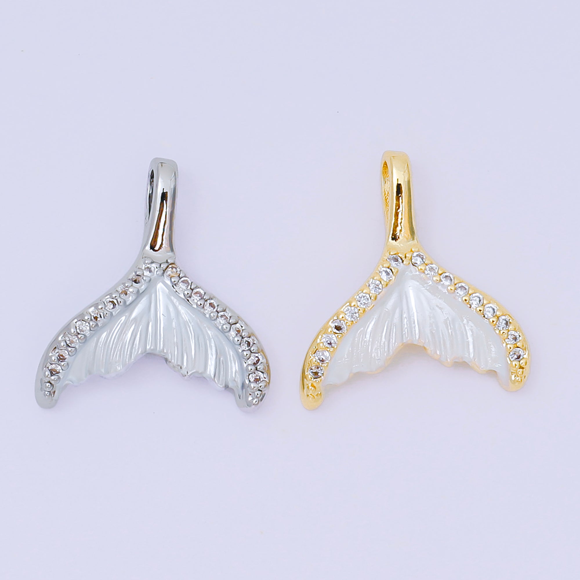 24K Gold Filled 16mm Micro Paved CZ Shell Pearl Mermaid Tail Fish Pendant in Gold & Silver | AA1575