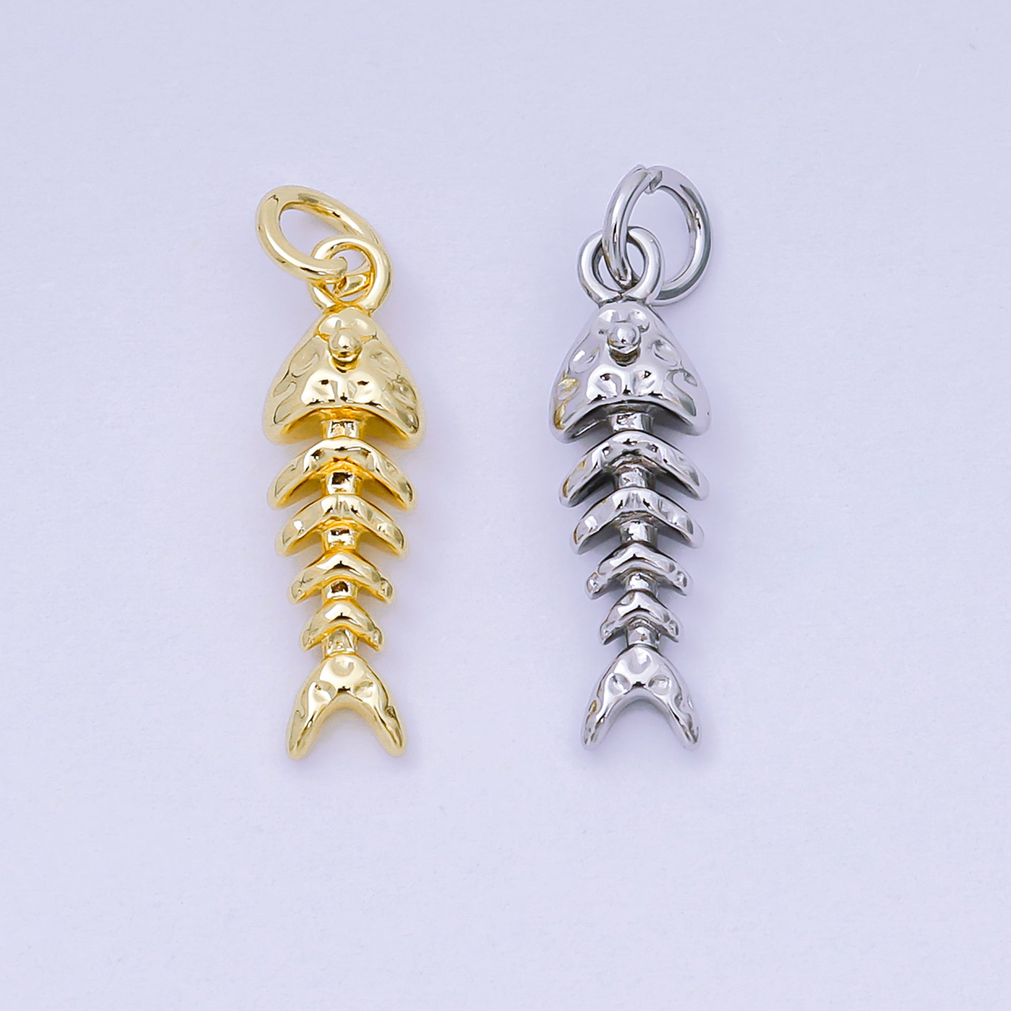 24K Gold Filled 19mm Hammered Fish Bone 3D Multidimensional Charm in Gold & Silver | AJ475