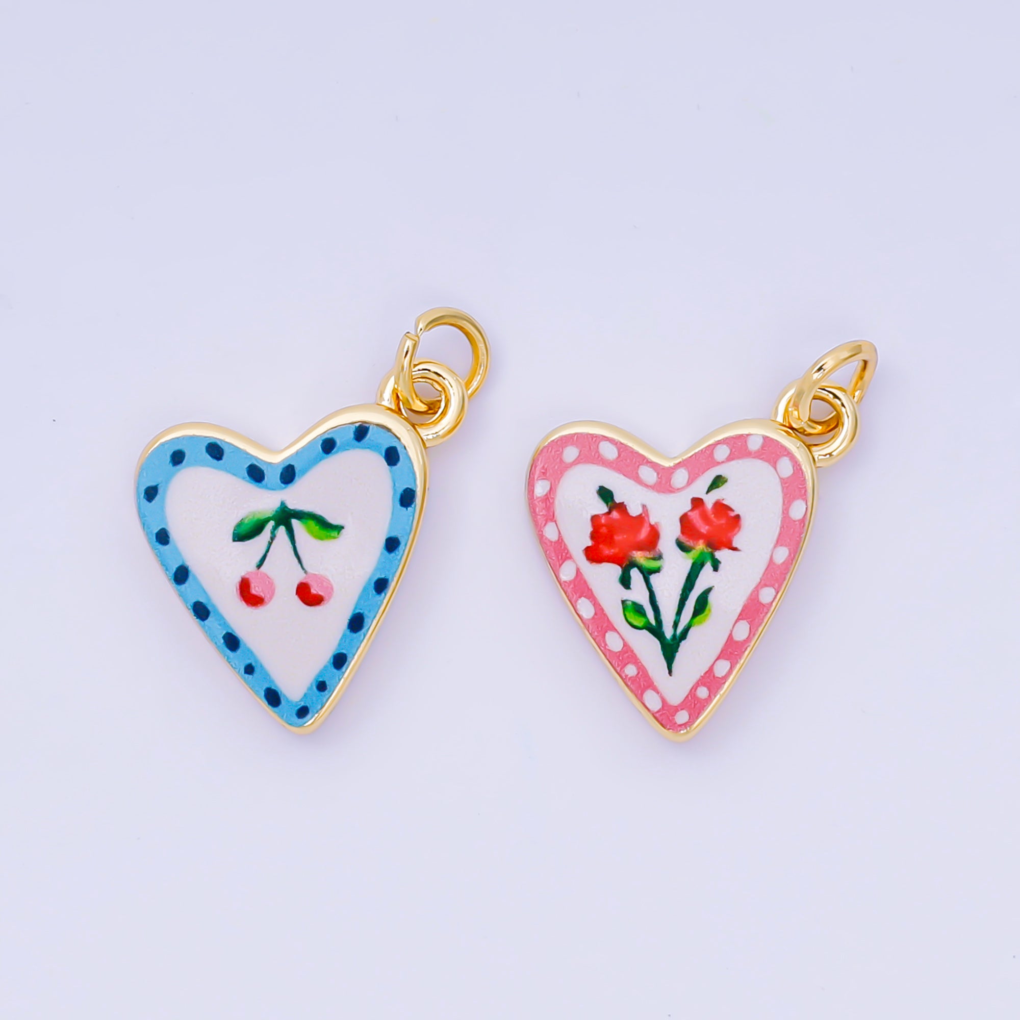 24K Gold Filled 17mm Rose, Cherry Enamel Heart Charm | AJ516 AJ524