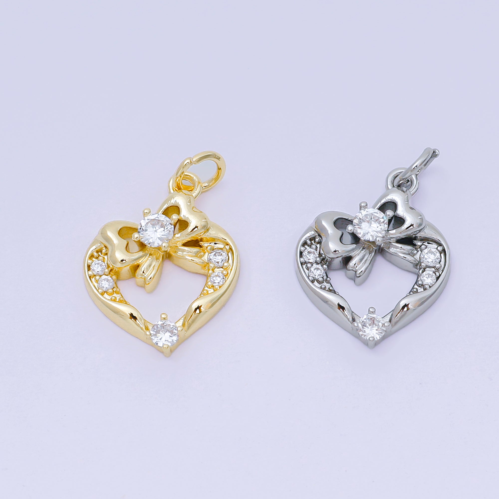 24K Gold Filled 17.5mm Micro Paved CZ Ribbon Bow Open Heart Charm in Gold & Silver | AJ472