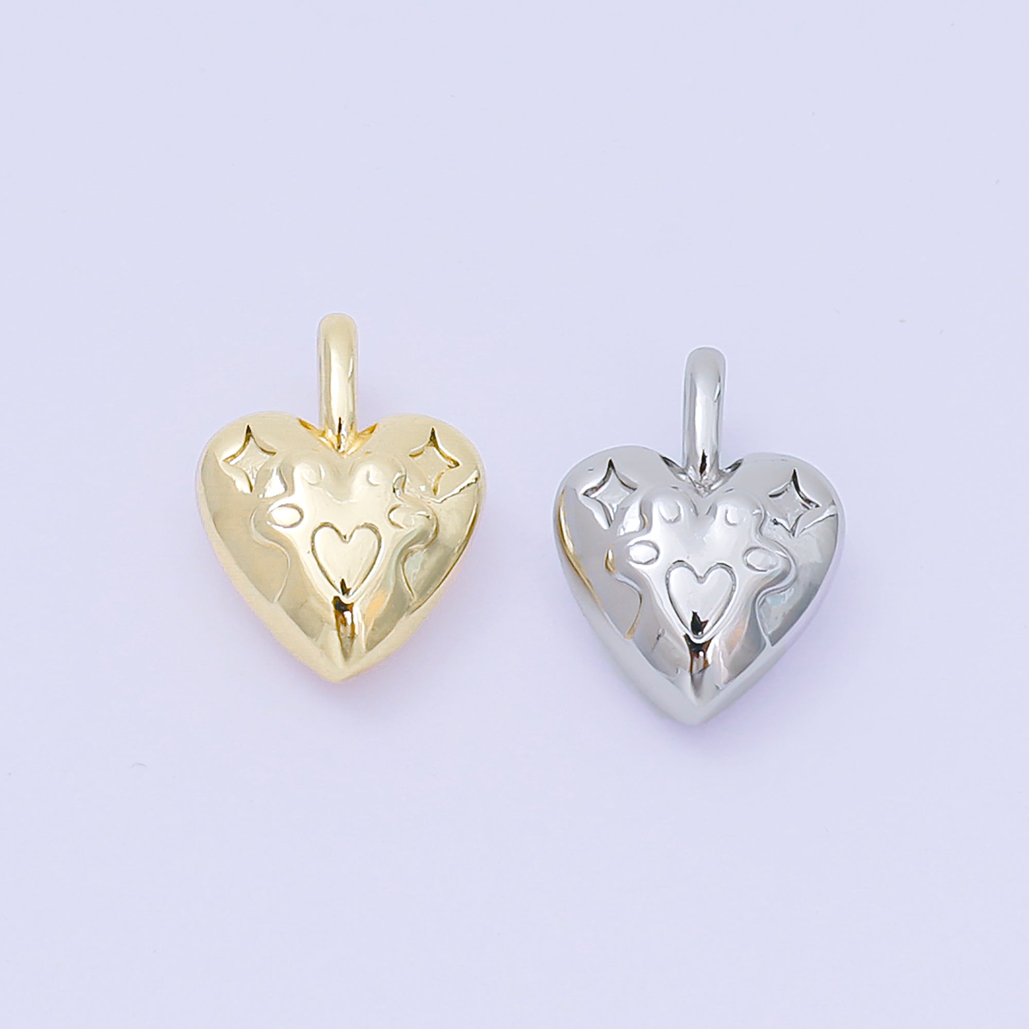 24K Gold Filled 13.5mm Star Pawprint Engraved Chubby Heart Pendant in Gold & Silver | AH517