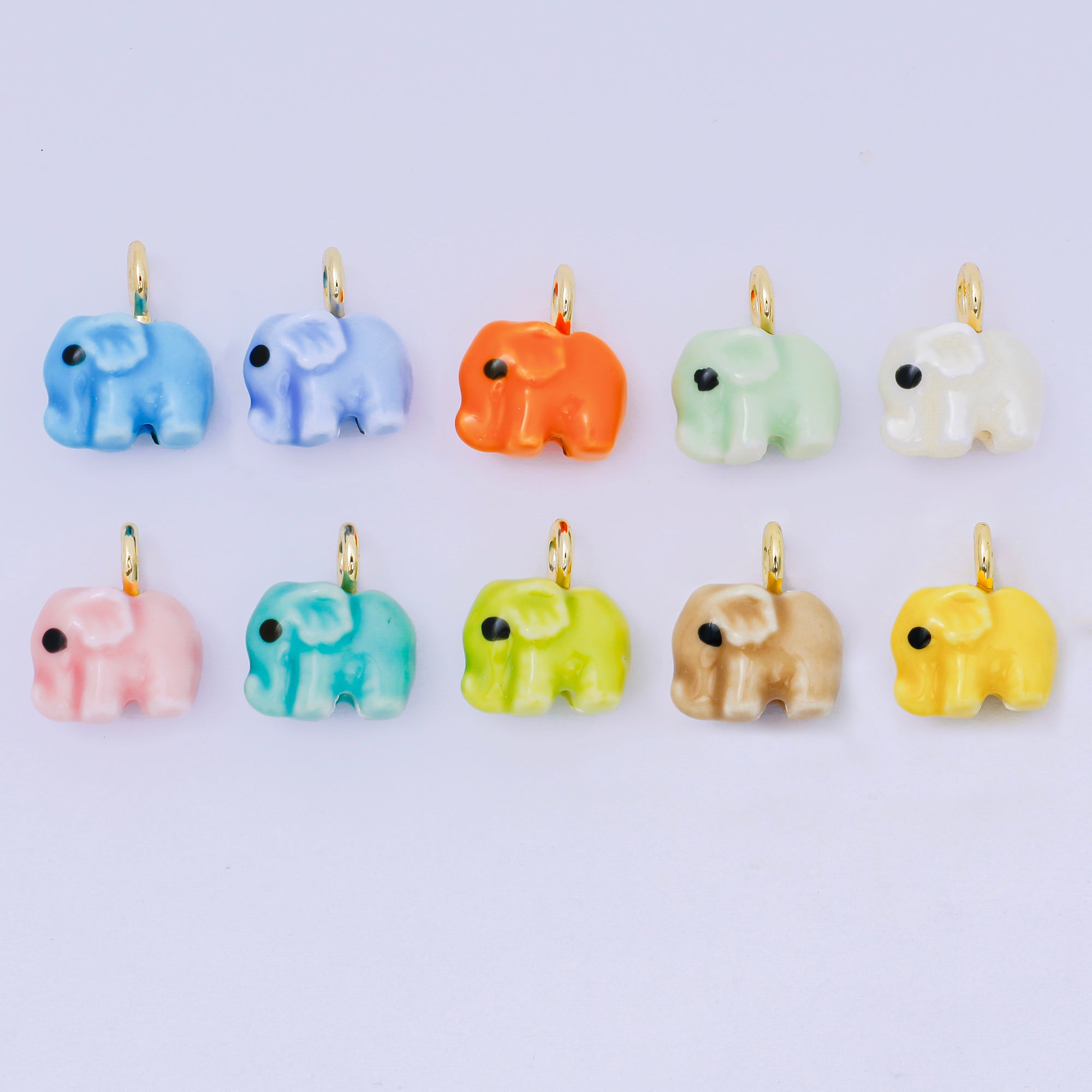 24K Gold Filled 16mm Blue, Orange, Green, Teal, White, Yellow, Brown, Pink, Blue, Green Ceramic Porcelain Elephant Animal Drop Charm | C948 - C952