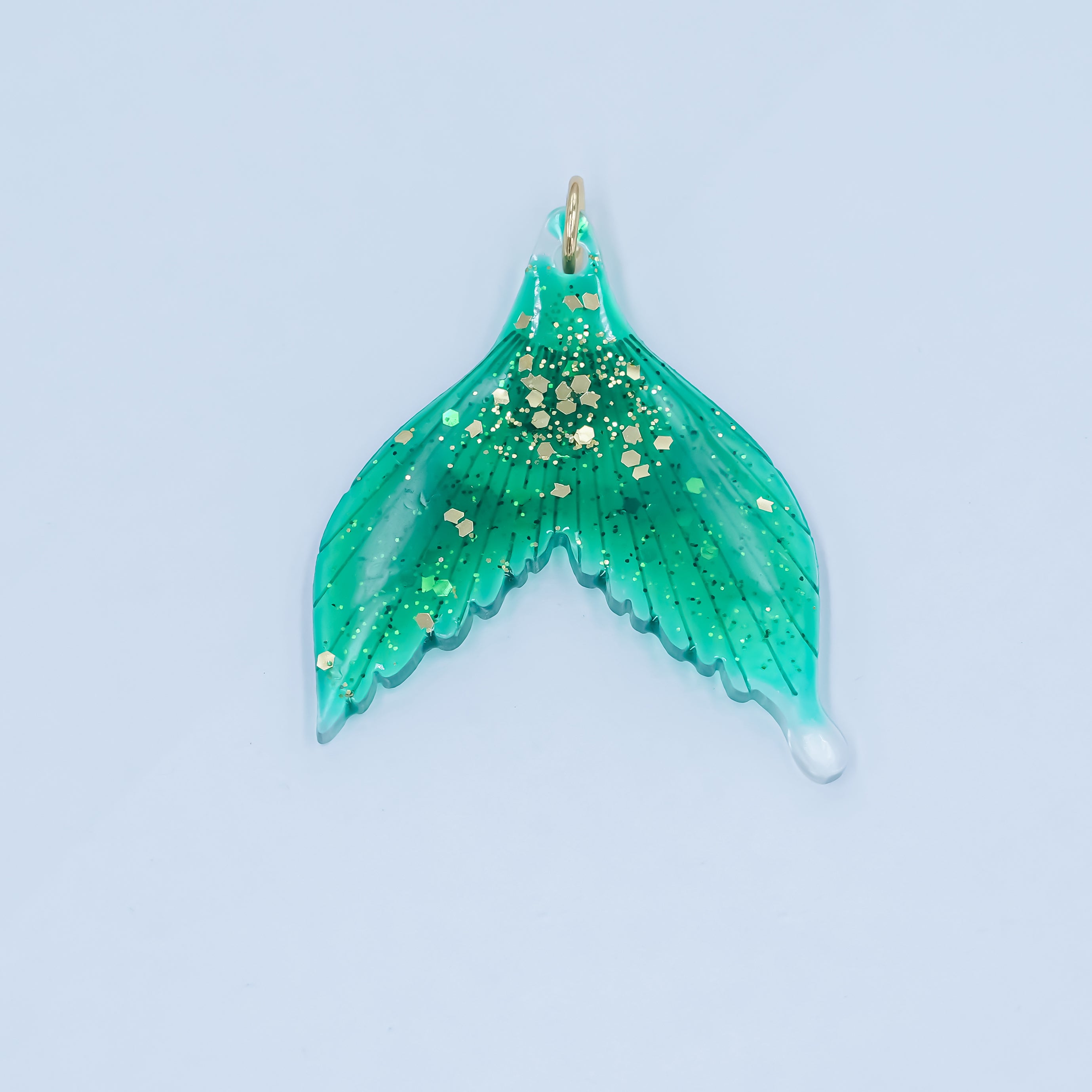 24K Gold Filled 34.5mm Green Gold-Fleck Mermaid Whale Fish Tail Acrylic Charm | N067