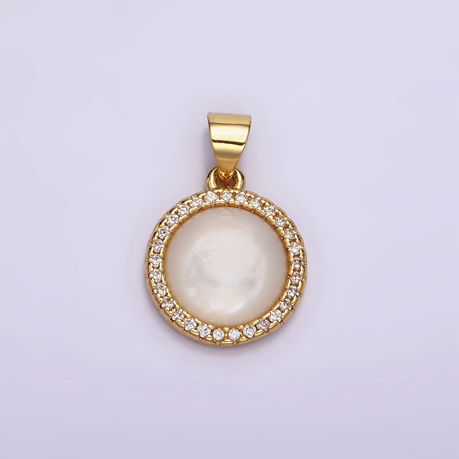 14K Gold Filled 13mm Moonstone Gemstone Micro Paved CZ Round Pendant | N1937