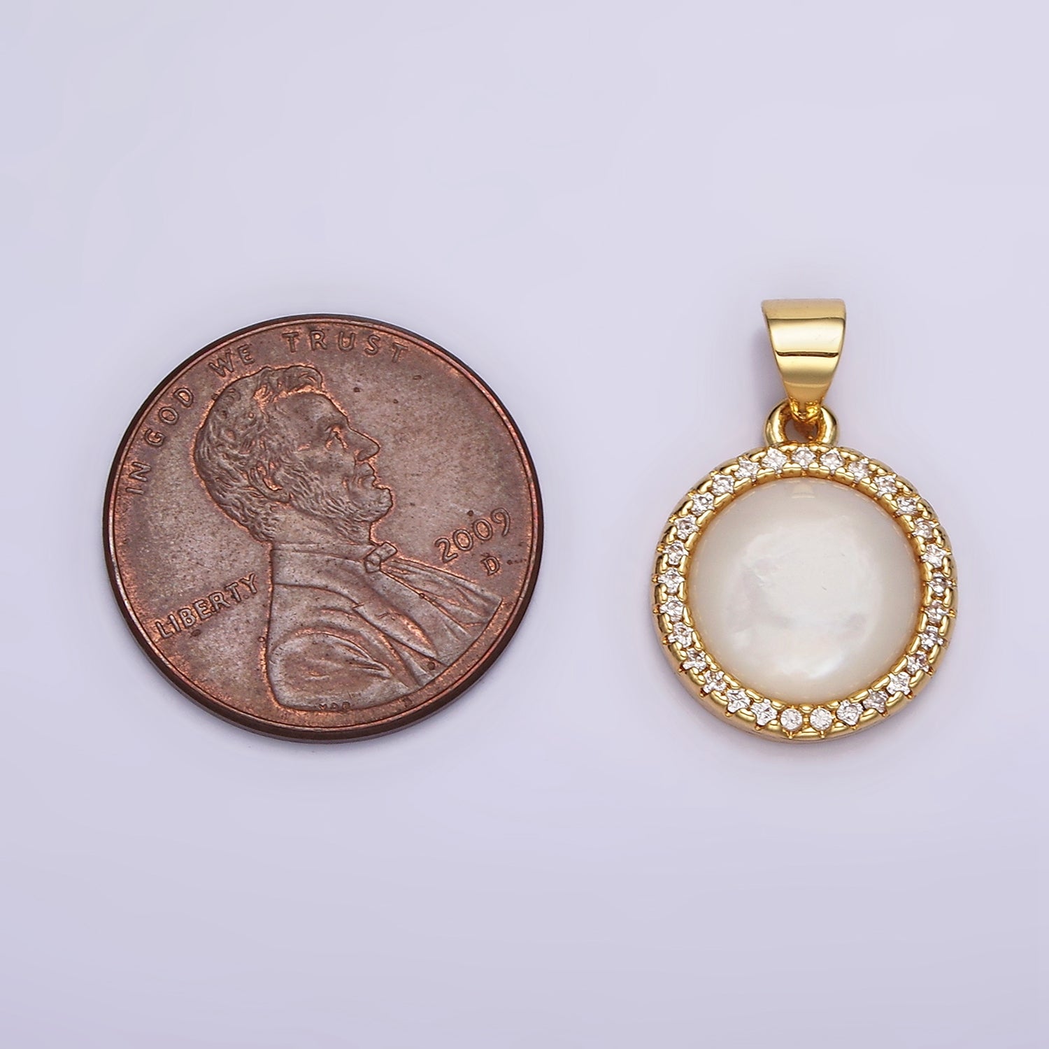 14K Gold Filled 13mm Moonstone Gemstone Micro Paved CZ Round Pendant | N1937