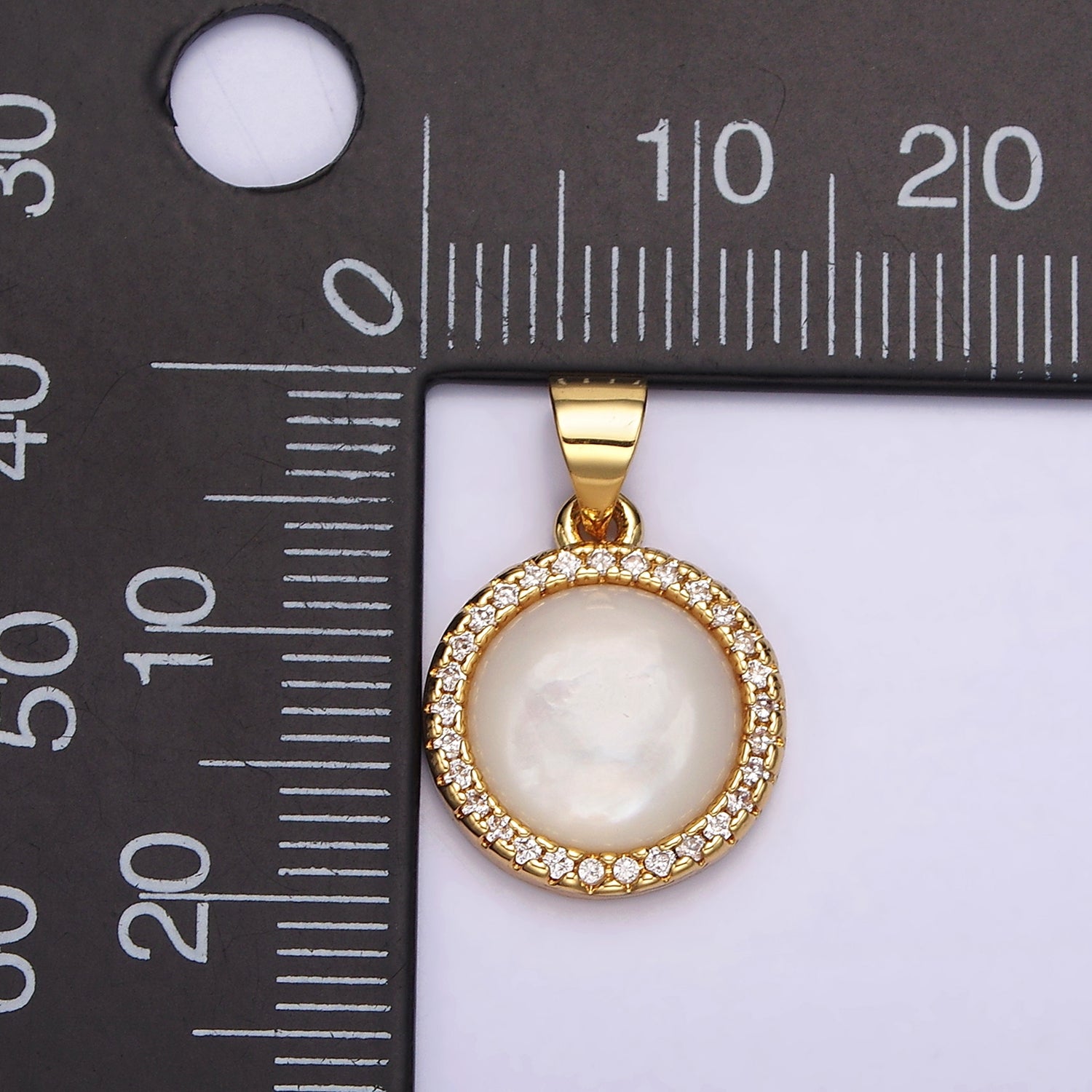 14K Gold Filled 13mm Moonstone Gemstone Micro Paved CZ Round Pendant | N1937