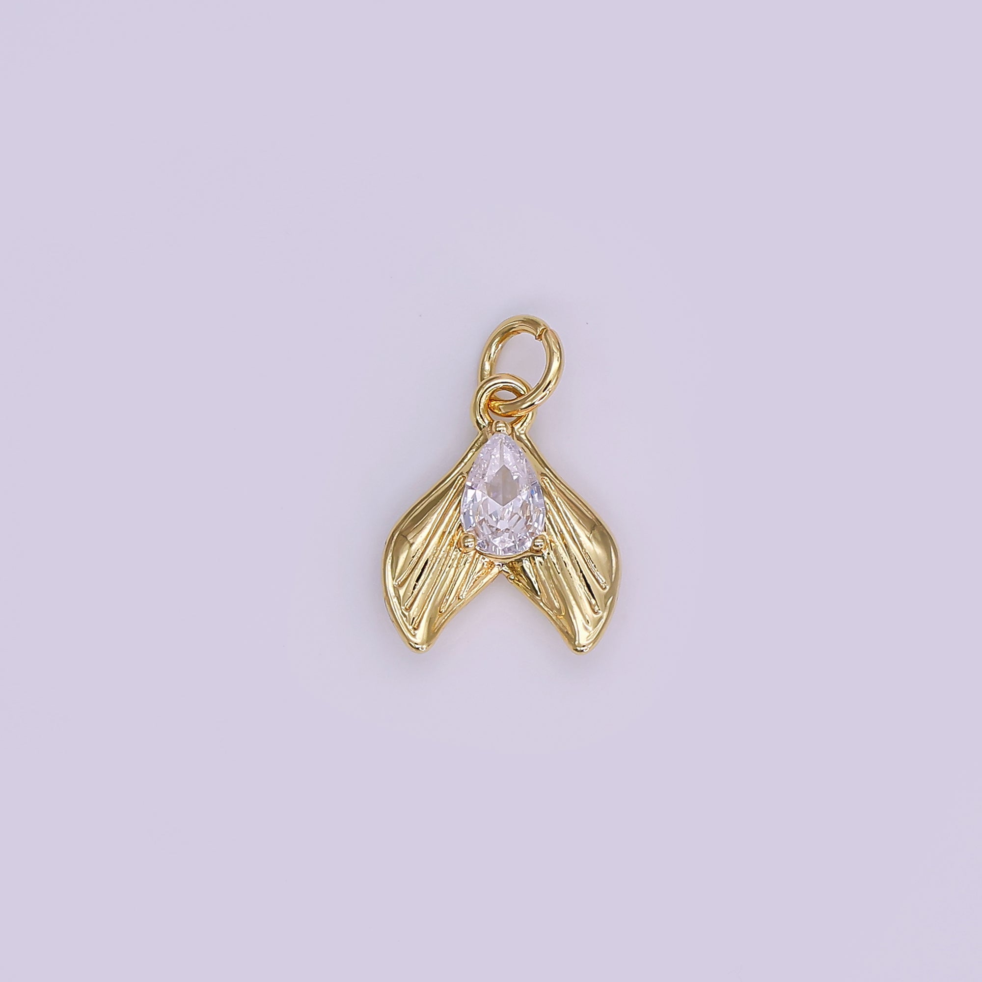 24K Gold Filled 13.5mm Clear CZ Teardrop Lined Fish Tail Charm in Gold & Silver | N858