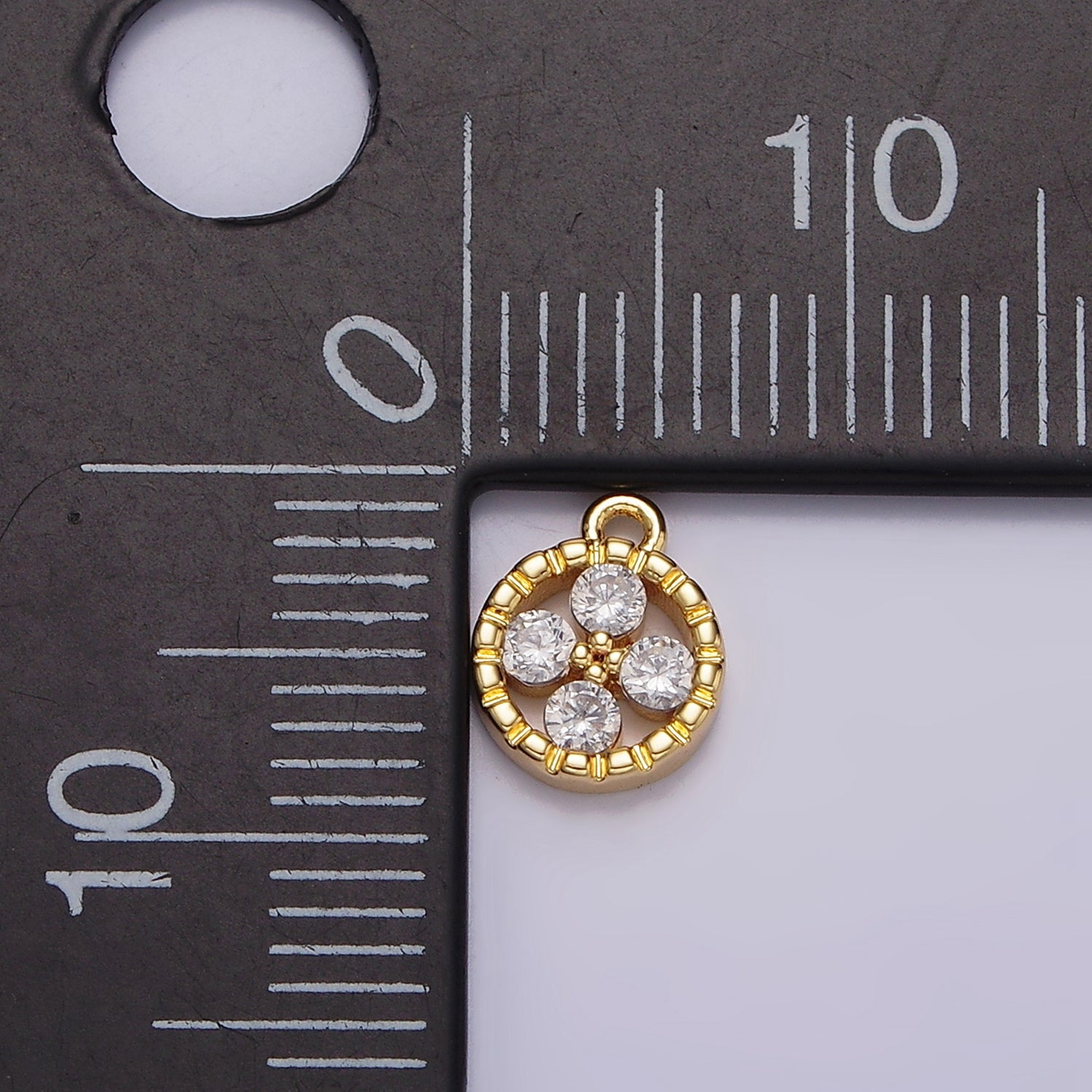 16K Gold Filled Clear CZ Quatrefoil Round Line-Textured Add-On Charm | N958 - DLUXCA
