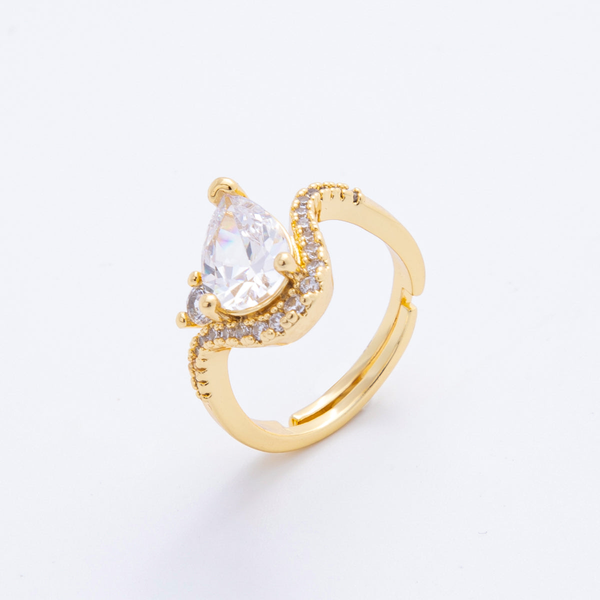 18K Gold Filled Clear, Pink Teardrop Micro Paved CZ Curved Solitaire Adjustable Ring | O00176